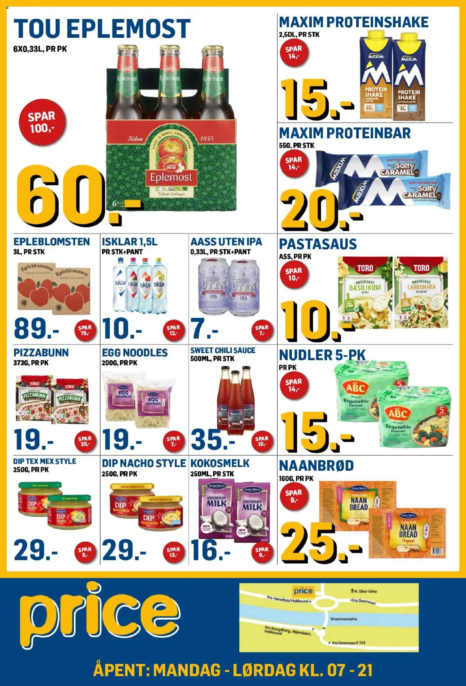 Forhåndsvis Price Lagerbutikk kundeavis fra butikk Price Lagerbutikk gyldig fra 09/10/2026 - Ost, Egg, Kokosmelk, Pastasaus, Basilikum, Eplemost, Proteinshake, Protein bar