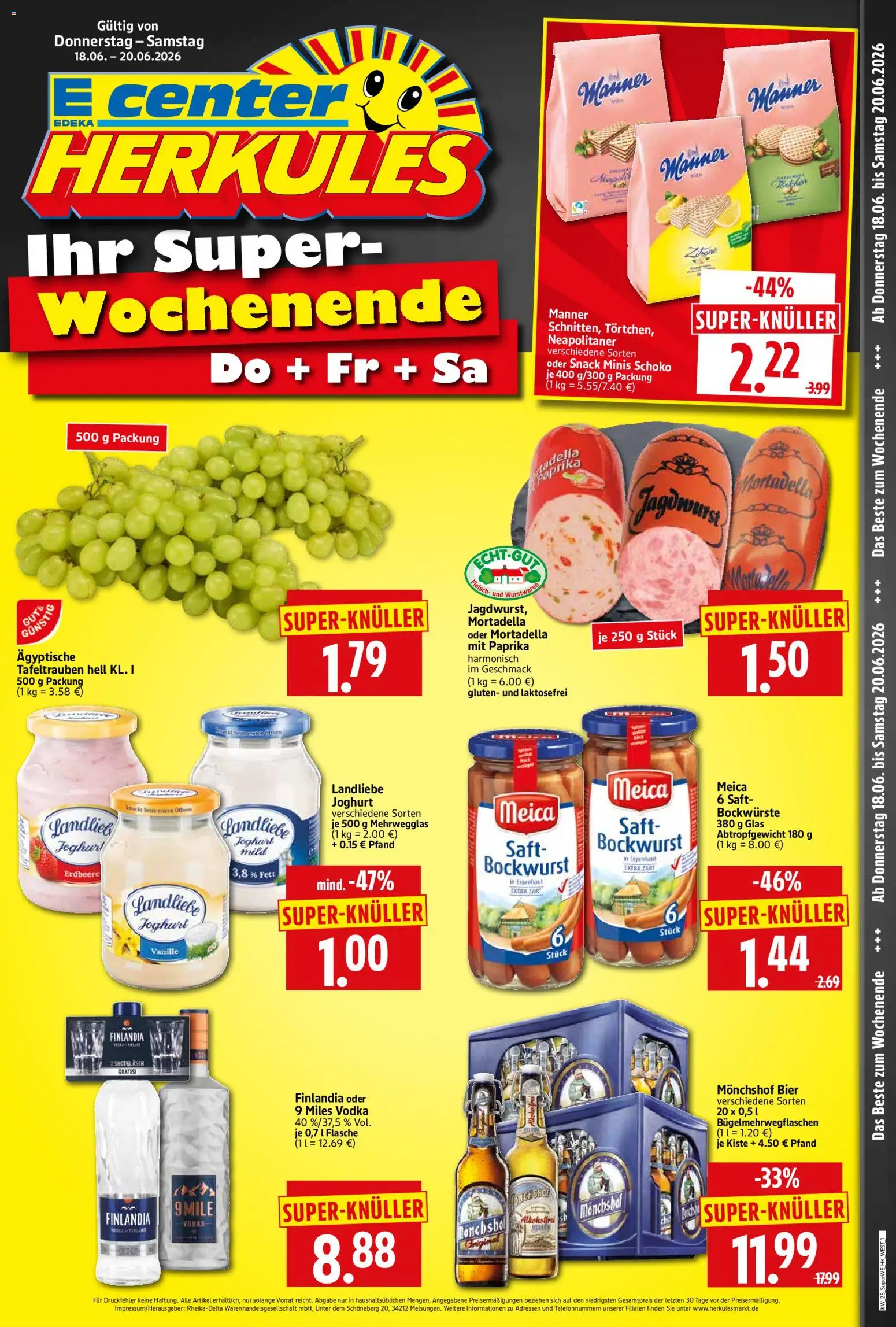 Vorschau von dem Prospekt des Geschäftes HERKULES, gültig ab dem 18.06.2026 - Bier, Joghurt, Paprika, Vodka, Bockwurst, Vanille, Saft, Meica