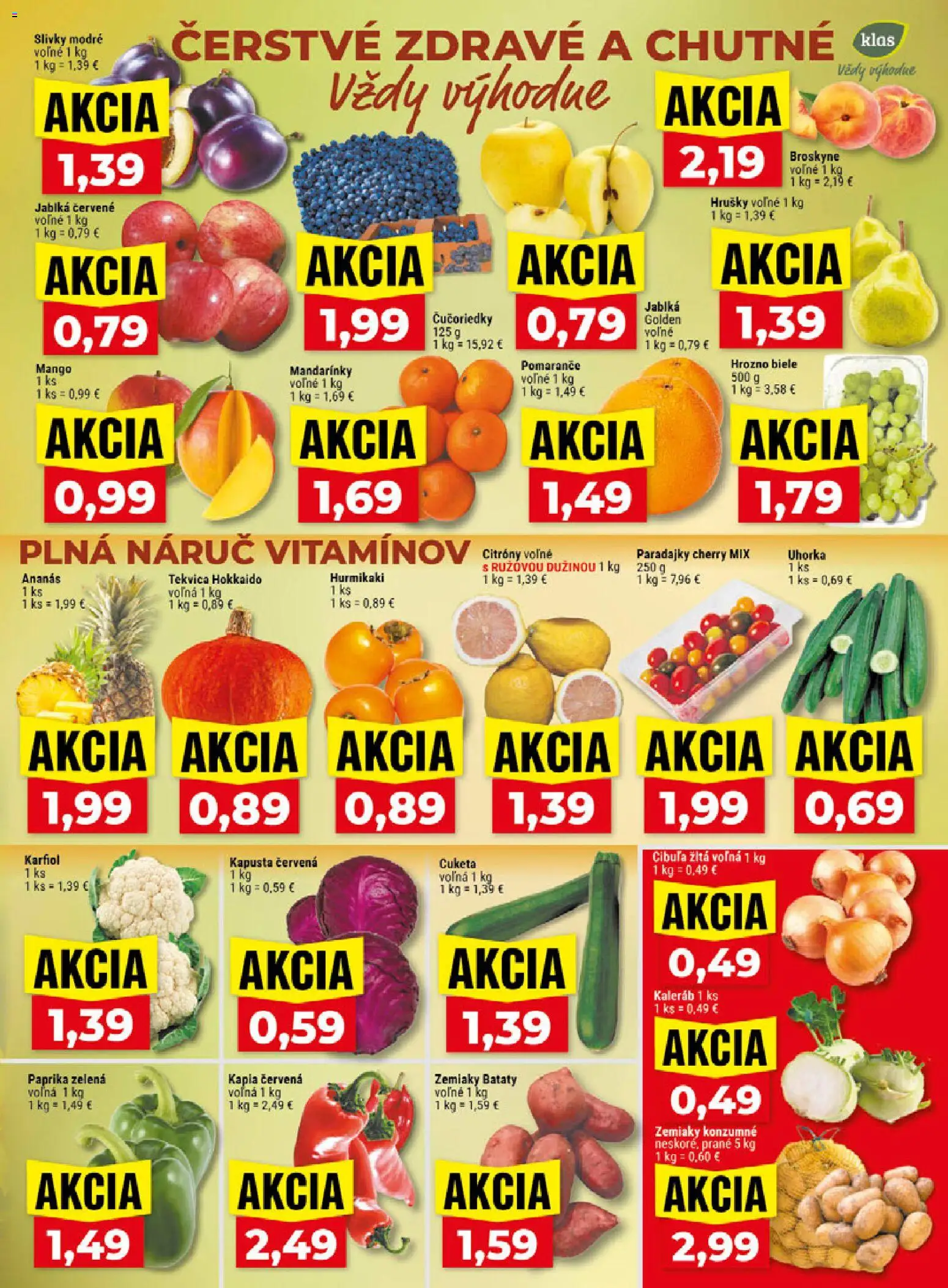 Náhľad Klas letáku platného od 12.10.2026 - Mango, Hurmikaki, Čučoriedky, Hrozno, Uhorka, Pomaranče, Hrušky, Citróny