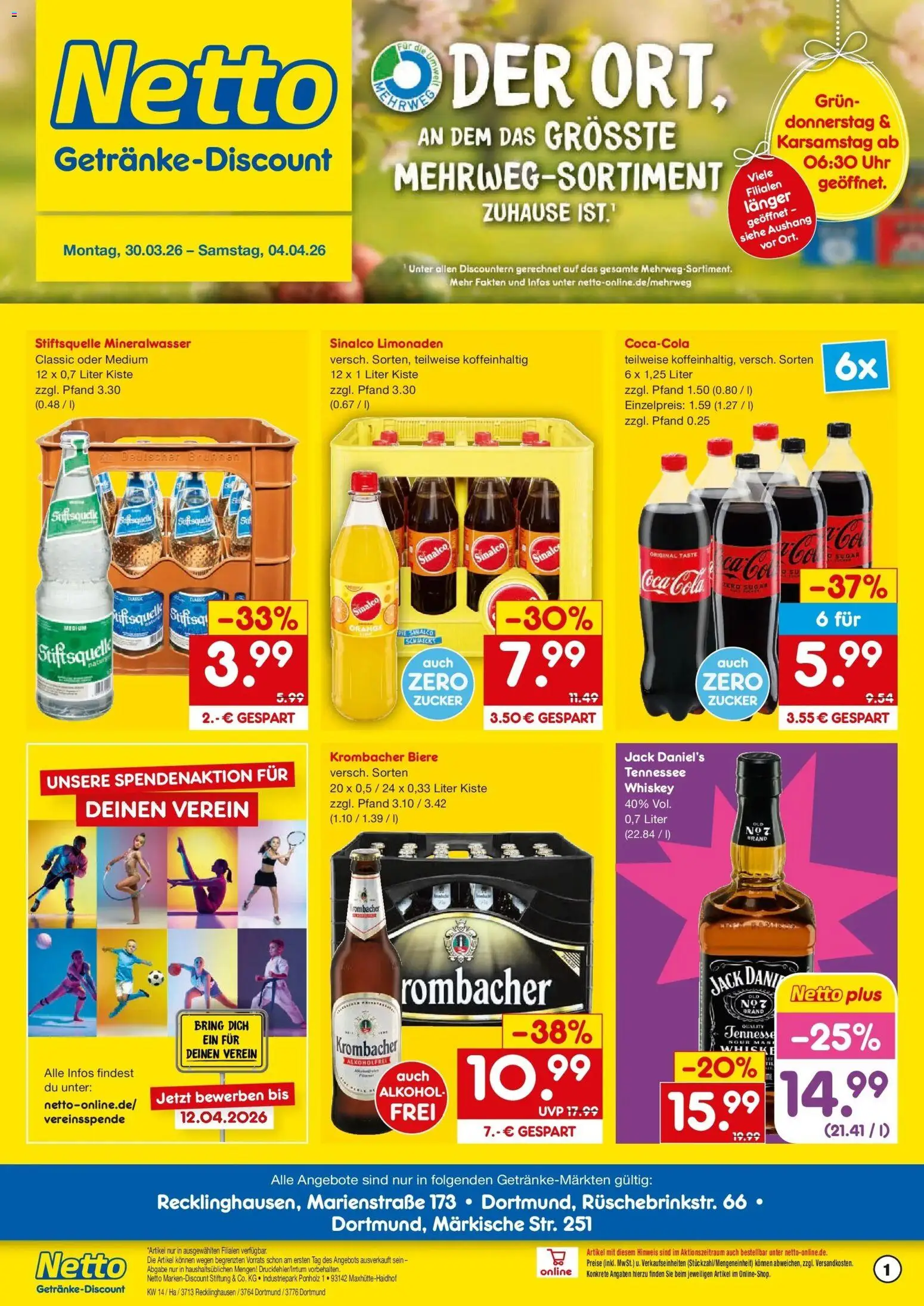 Vorschau von dem Prospekt des Geschäftes Netto Marken-Discount, gültig ab dem 30.03.2026 - Uhr, Coca cola, Cola, Krombacher, Whiskey, Sinalco, Jack Daniel's, Coca cola zero