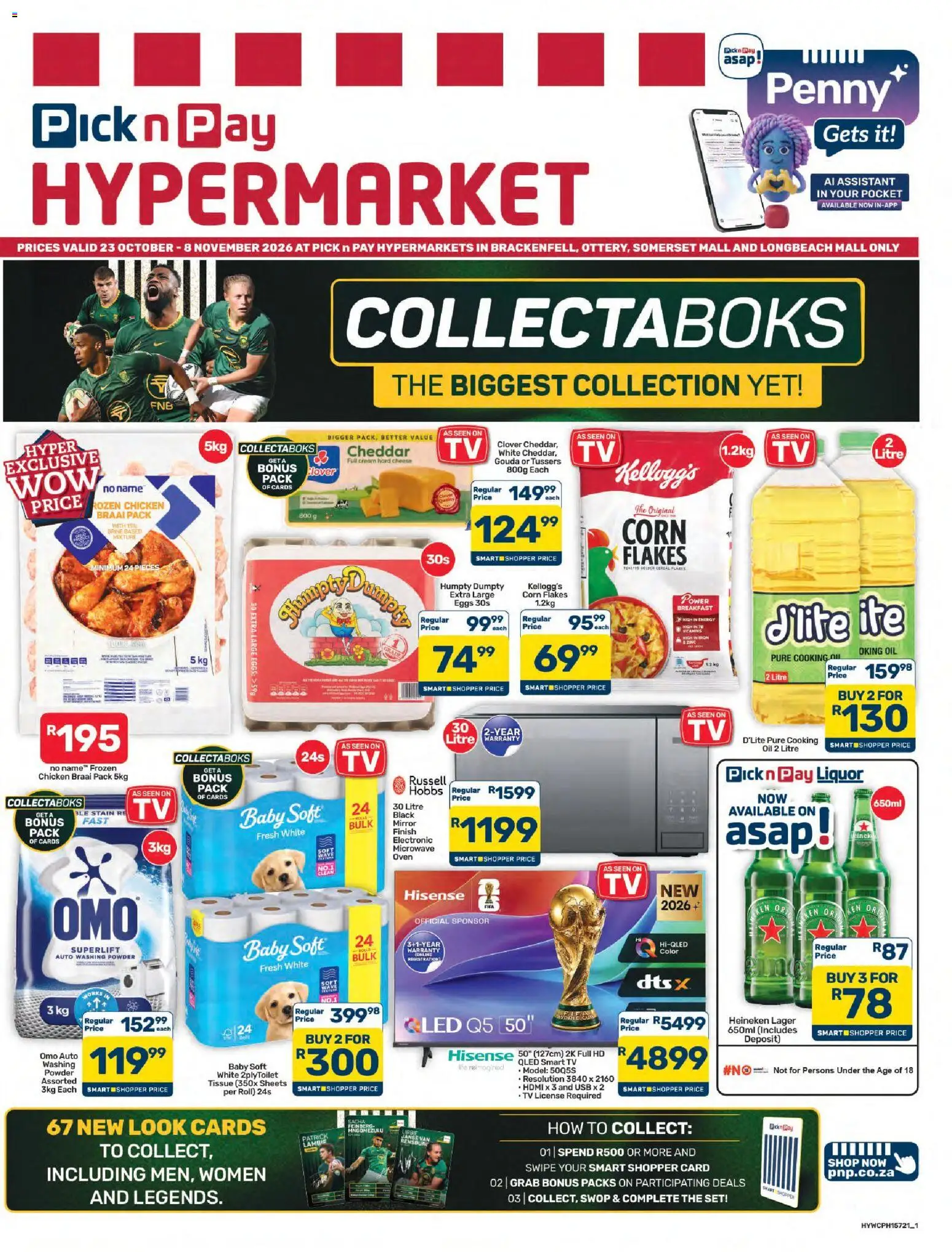 Preview of Pick n Pay flyer valid from 23/10/2026 - Microwave, Mirror, Heineken, Oil, USB, Washing powder, Powder, Cheddar