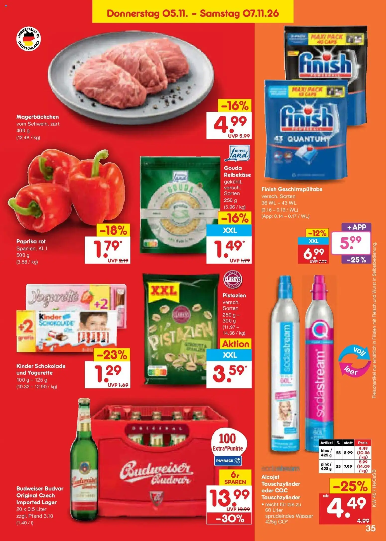 Vorschau von dem Prospekt des Geschäftes Netto Marken-Discount, gültig ab dem 02.11.2026 - Schokolade, Sodastream, Pistazien, Fleisch, Paprika, Yogurette, Budweiser, Kinder schokolade