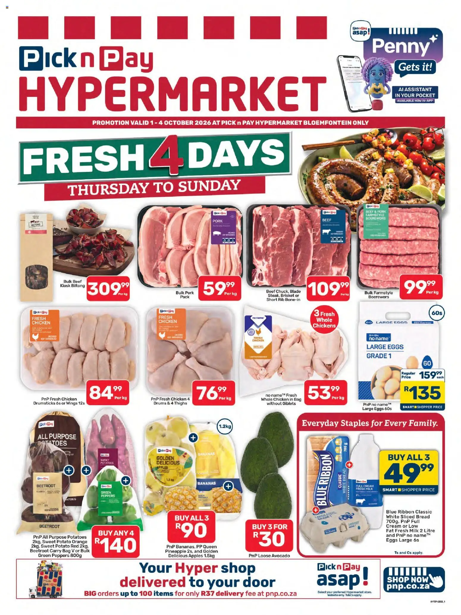 Preview of Pick n Pay flyer valid from 01/10/2026 - Chicken, Avocado, Milk, Bananas, Potatoes, Thighs, Pork, Beef