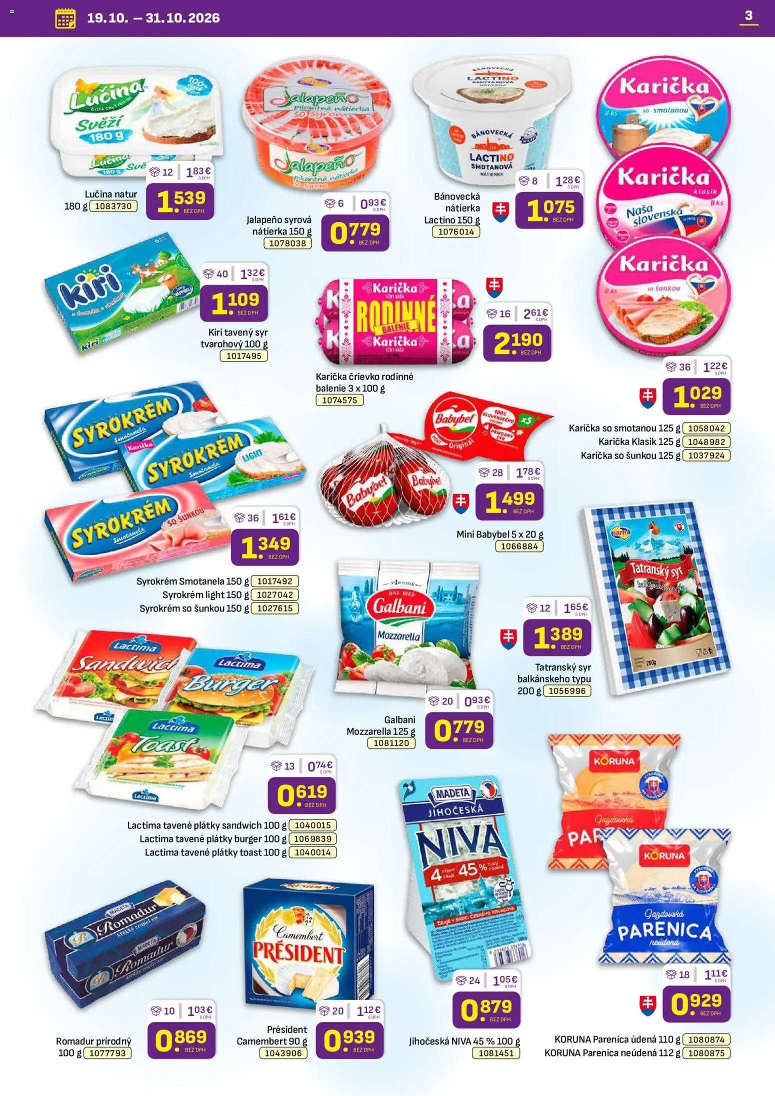Náhľad Libex letáku platného od 19.10.2026 - Syr, Mozzarella, Niva, Camembert, Nátierka, Kaša, Tavený syr