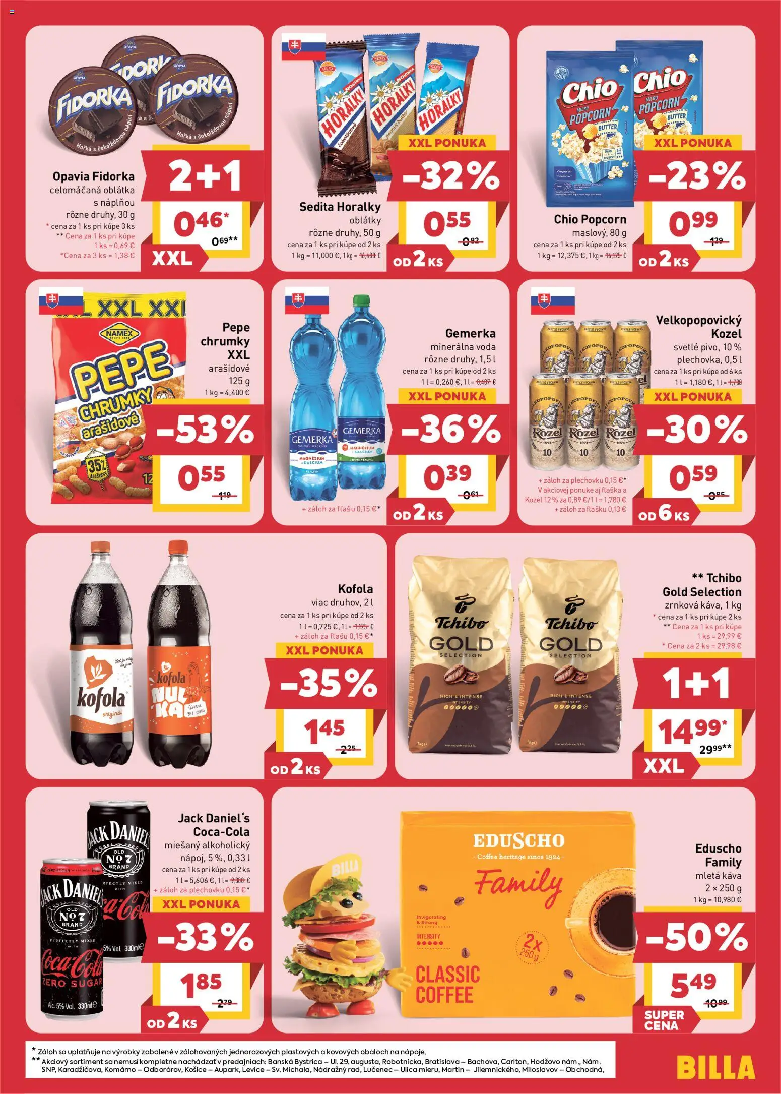 Náhľad Billa letáku platného od 21.10.2026 - Káva, Voda, Kofola, Popcorn, Oblátky, Jack Daniel's, Mletá káva, Horálky