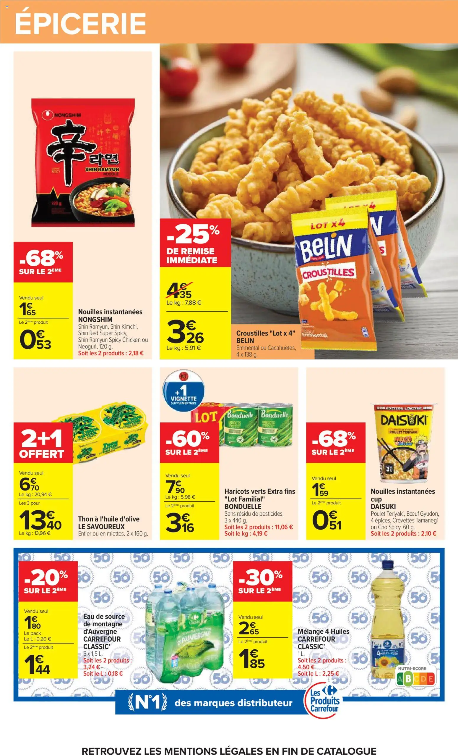 Prévisualisation de Carrefour Petit déjeuner du magasin Carrefour formulaire valide 03/11/2026 - Poulet, Thon, Chips, Nouilles, Emmental, Crevettes, Nouilles instantanées, Haricots verts