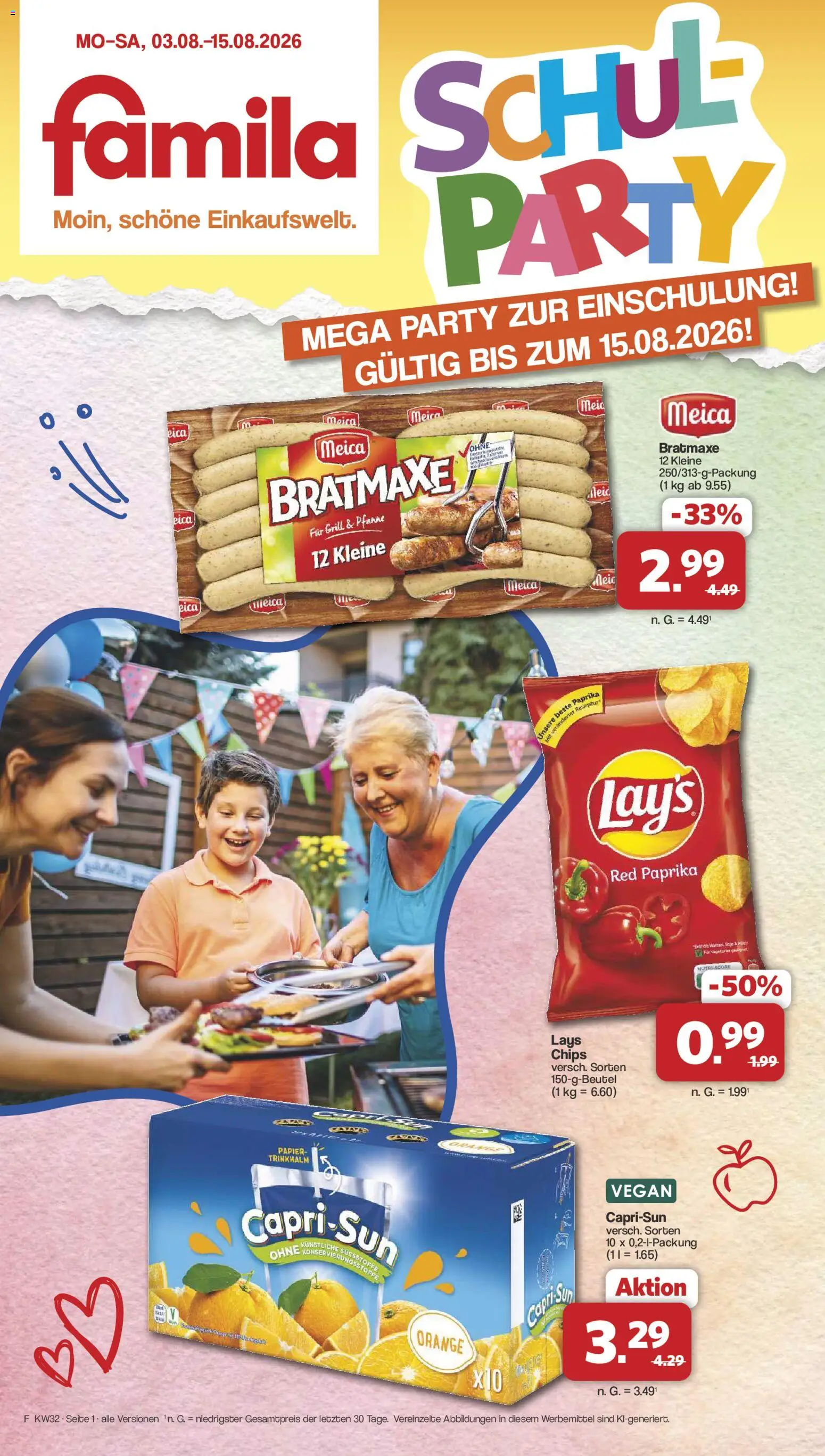 Vorschau von dem Prospekt des Geschäftes Famila Nordwest, gültig ab dem 03.08.2026 - Chips, Grill, Paprika, Capri sun, Süßstoffe, Meica