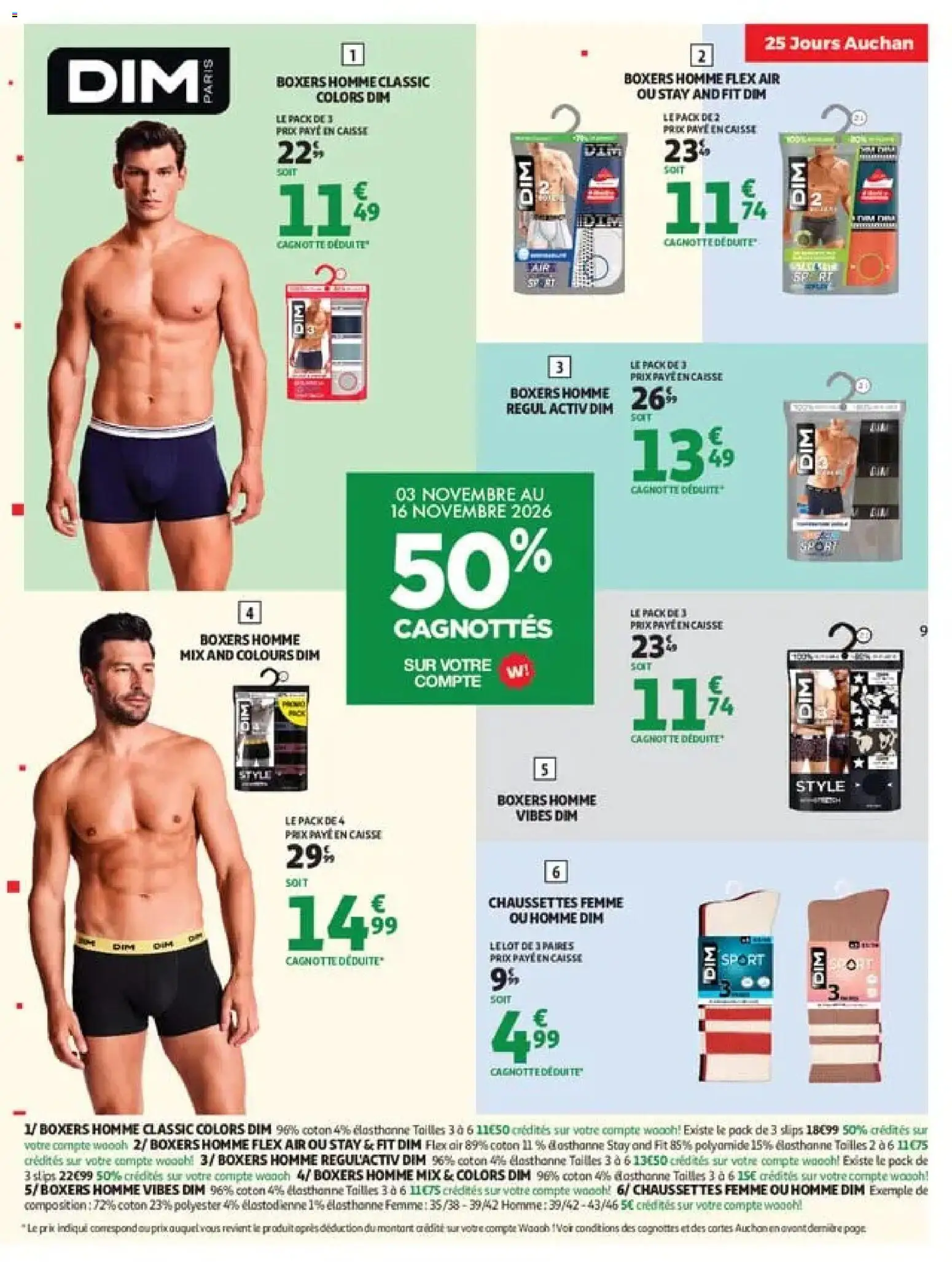 Prévisualisation de Auchan 25 jours 2 hypers du magasin Auchan formulaire valide 03/11/2026 - Boxers, Chaussettes, Boxers homme, Coton, Slips, Chaussettes femme