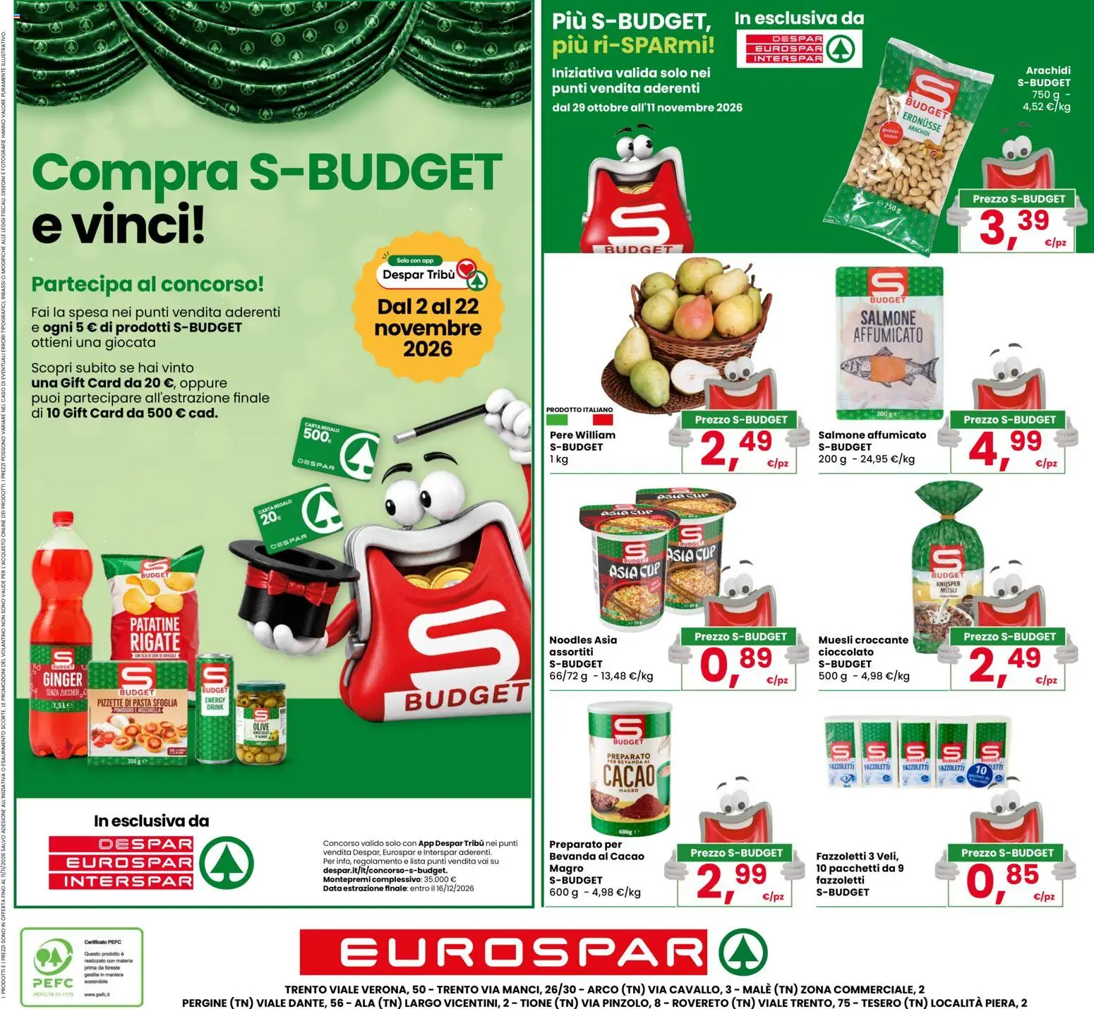 Anteprima dell'opuscolo Eurospar volantino Rovereto dal negozio Eurospar valido da 29/10/2026 - Pasta, Pasta sfoglia, Salmone, Patatine, Arachidi, Olive, Cacao, Fazzoletti