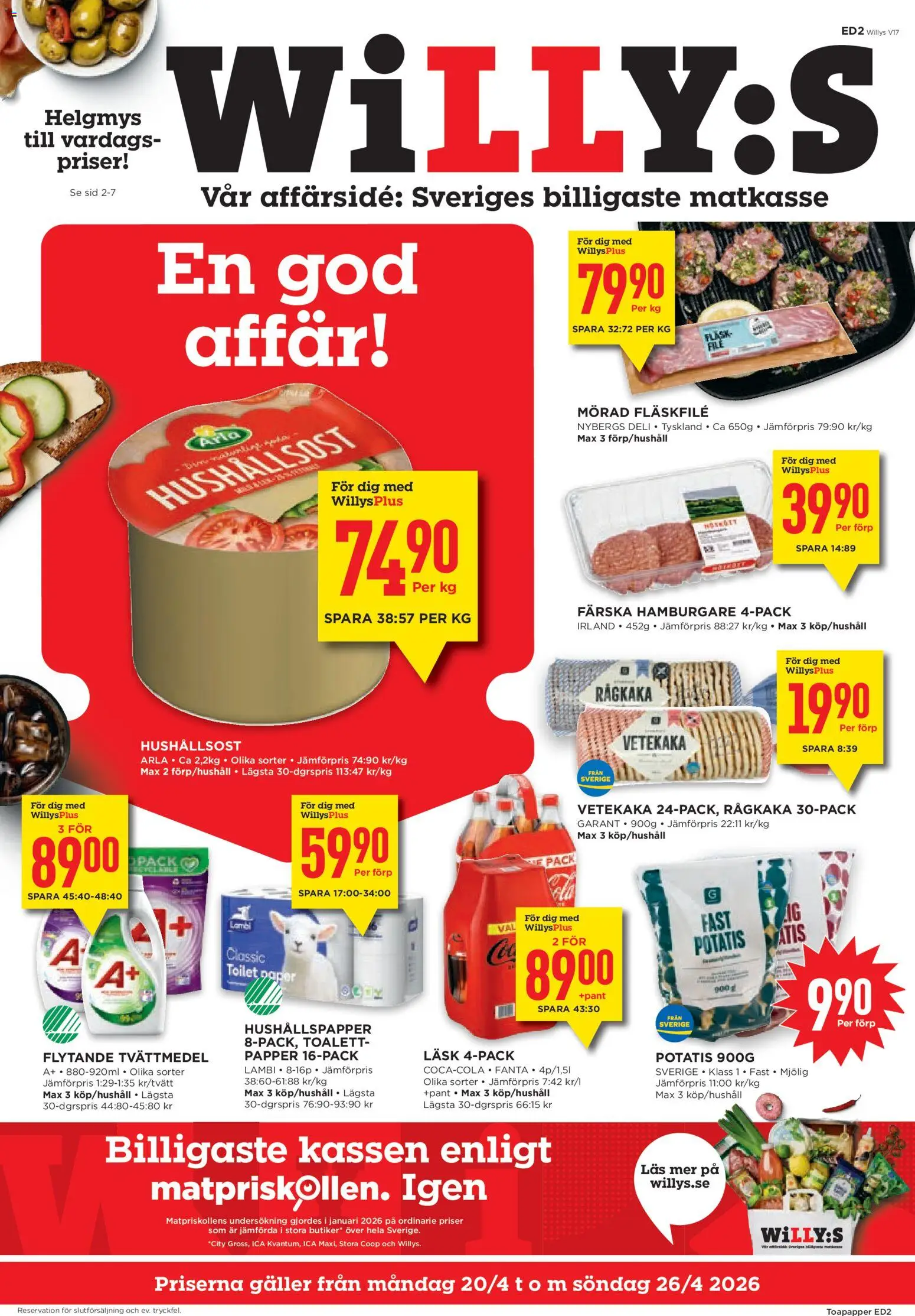 Förhandsgranska reklamblad Willys erbjudanden från butik Willys gäller från 20/04/2026 - Hamburgare, Toalett, Potatis, Toalettpapper, Galler, Hushållsost, Fläsk, Hushållspapper