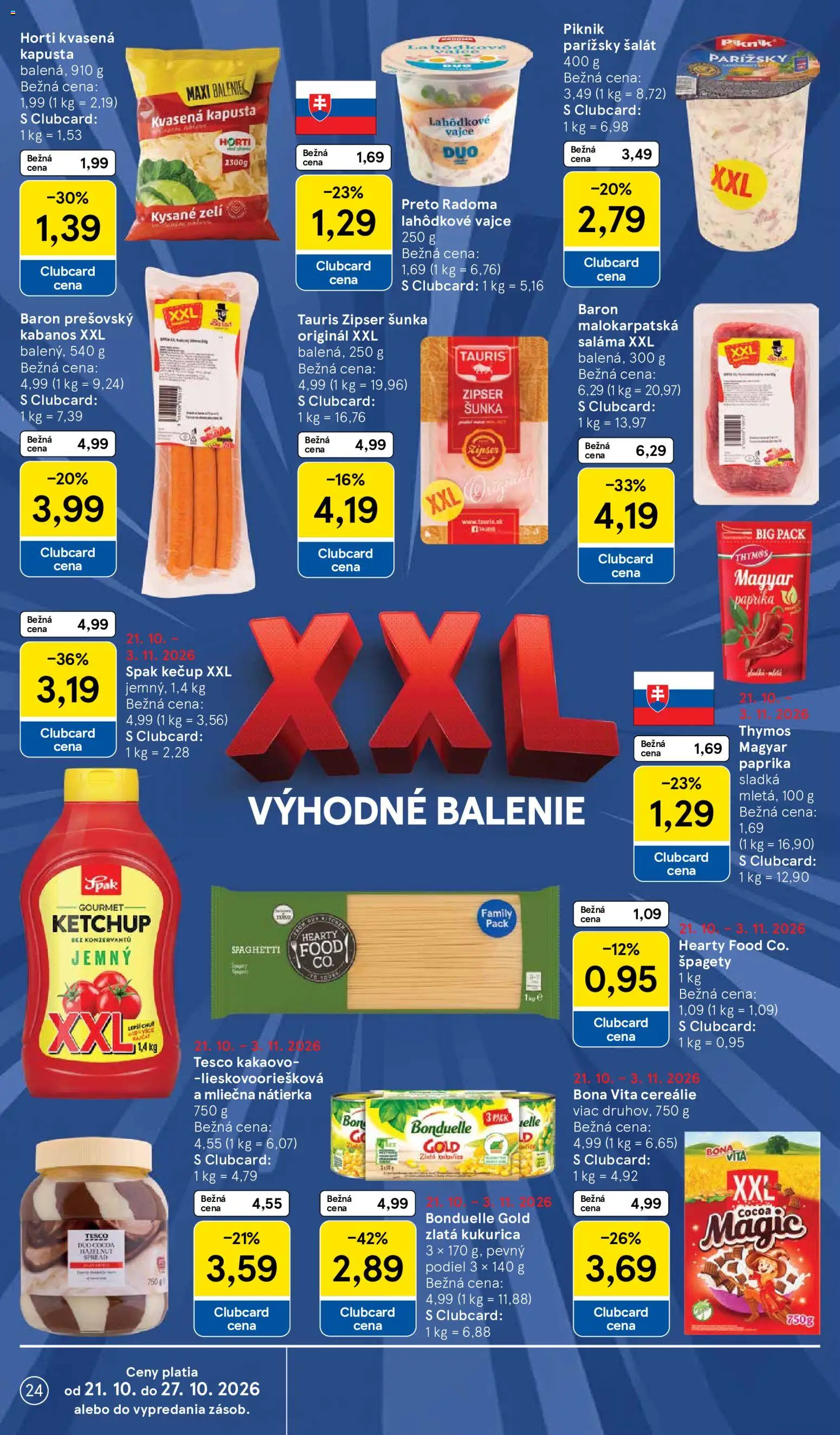 Náhľad Tesco letáku platného od 21.10.2026 - Paprika, Špagety, Kukurica, Kapusta, Kečup, Nátierka, Saláma, Cereálie