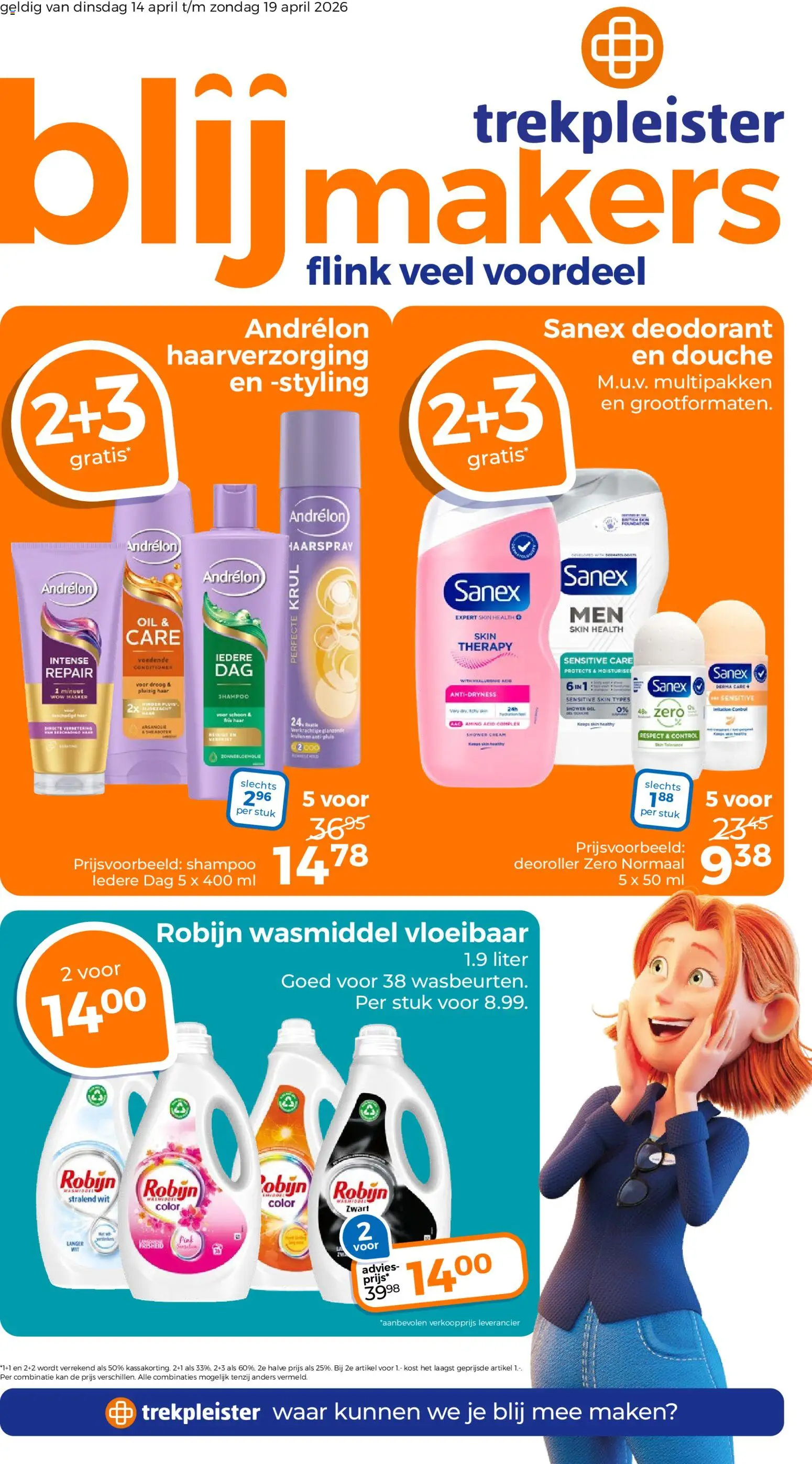 Voorbeeld van Trekpleister folder van winkel Trekpleister geldig vanaf 14-04-2026 - Vest, Douche, Shampoo, Deodorant, Wasmiddel, Robijn, Masker, Haarspray