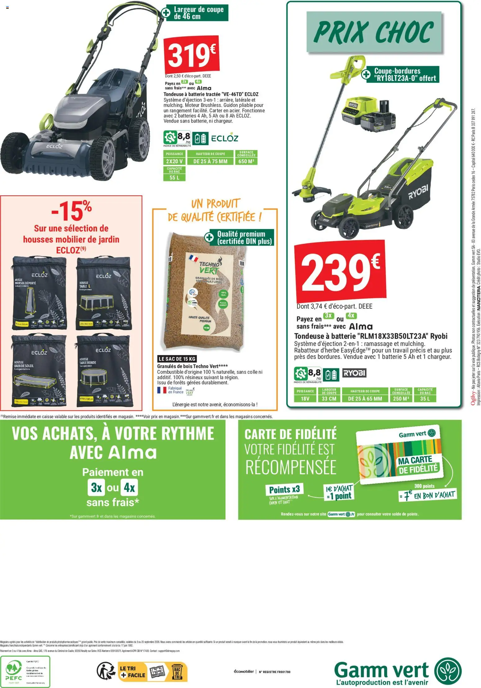 Prévisualisation de Gamm vert - Gamm vert MANIA du magasin Gamm vert formulaire valide 09/09/2026 - Parasol, Tondeuse, Ryobi, Bain de soleil, Mousse, Granules de bois, Mobilier de jardin, Combustible