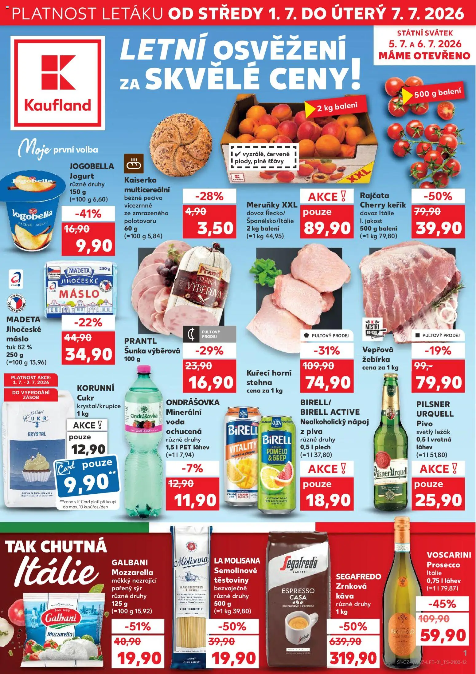 Náhled nabídky: Kaufland Kaufland leták - Plzeň platný od 01.07.2026 - Káva, Prosecco, Těstoviny, Mozzarella, Rajčata, Grep, Madeta Jihočeské máslo, Jogurt Jogobella