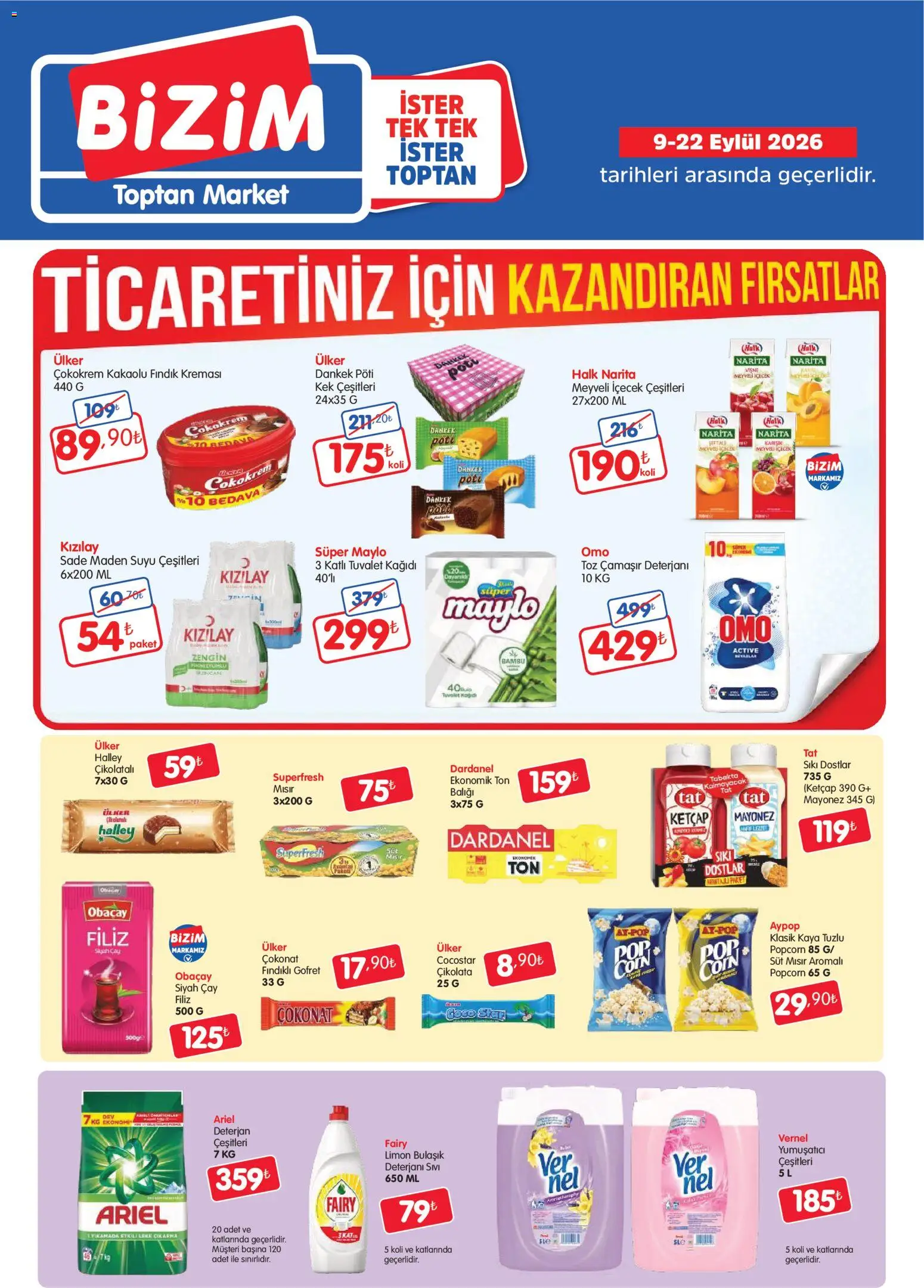 Bizim Toptan Bizim Toptan - Geleneksel kanal kataloğu 09.09.2026 - Broşürünün önizlemesi - Çikolata, Süt, Limon, Tuvalet kağıdı, Yumuşatıcı, Ketçap, Mayonez, Fındıklı gofret