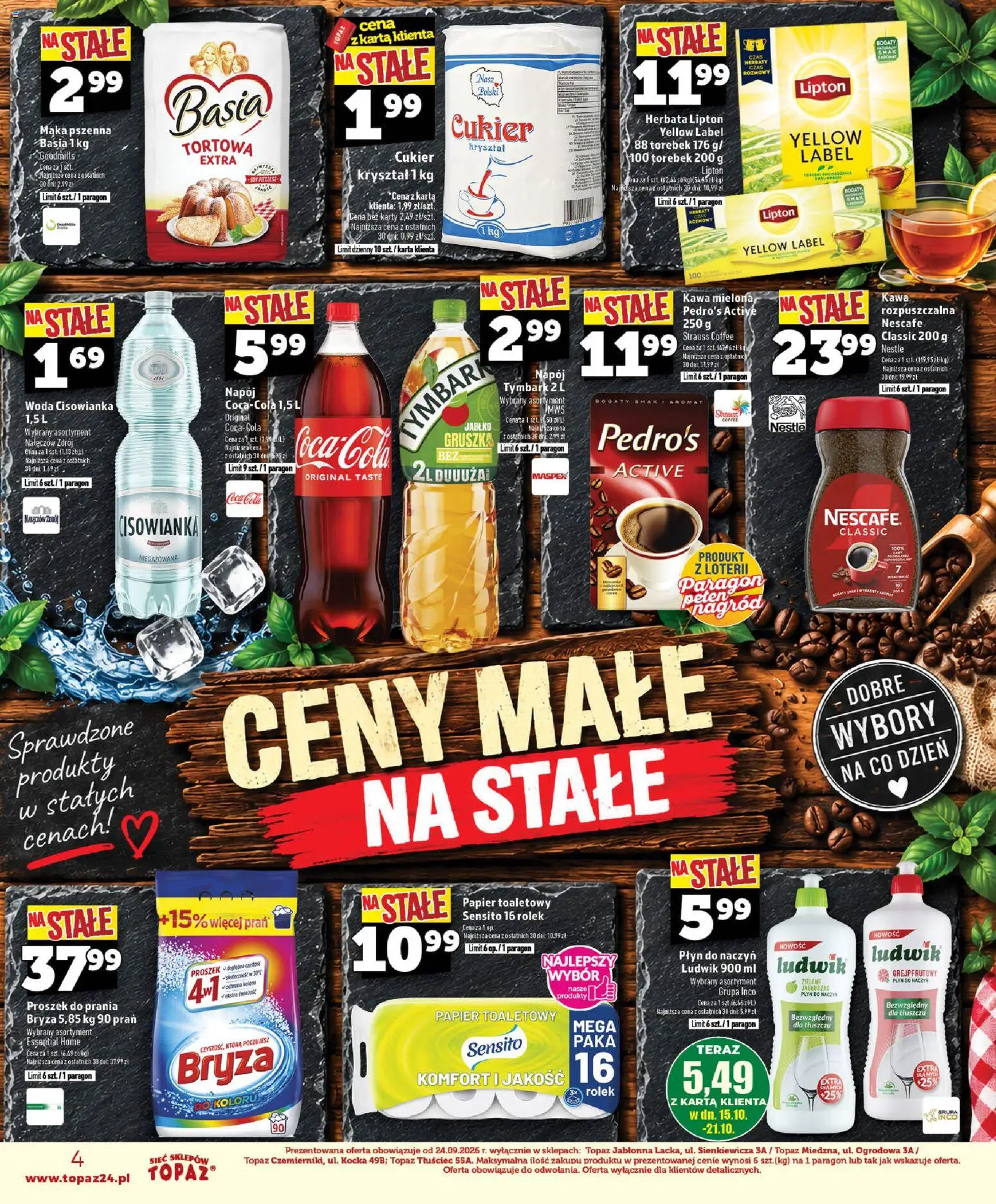 Pogląd gazetki "Topaz gazetka - Ceny małe na stałe" ze sklepu Topaz ważnej od 15.10.2026 - Kawa, Gruszka, Proszek do prania, Papier toaletowy, Karta, Herbata lipton, Proszek, Cukier kryształ