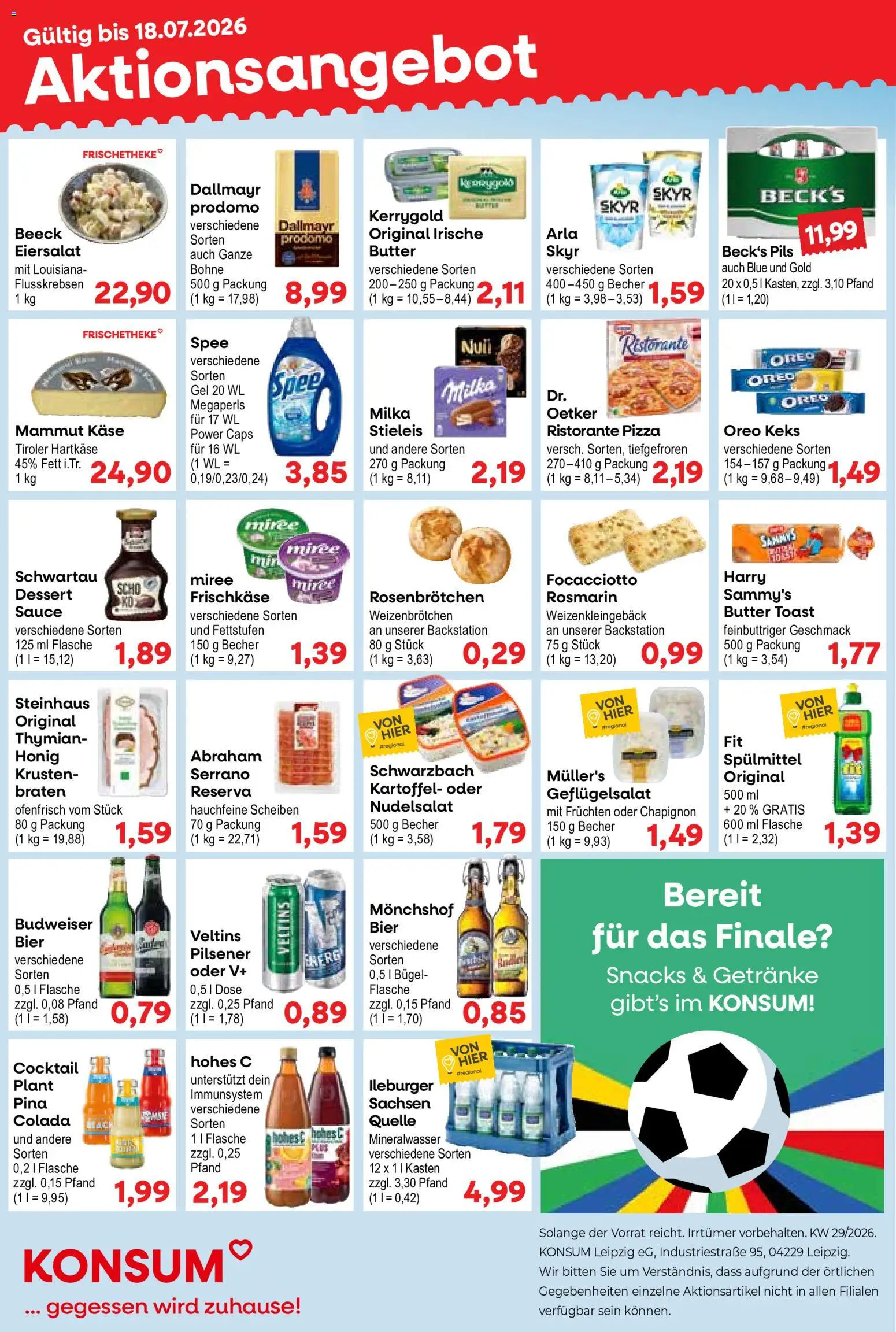 Vorschau von dem Prospekt des Geschäftes KONSUM Leipzig, gültig ab dem 13.07.2026 - Butter, Spee, Milka, Dallmayr, Ristorante, Toast, Budweiser, Pils