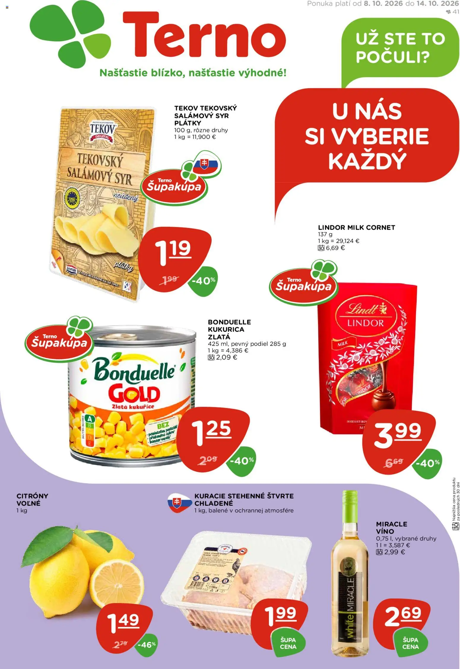Náhľad Terno letáku platného od 08.10.2026 - Víno, Syr, Lindt, Kukurica, Lindor, Citróny