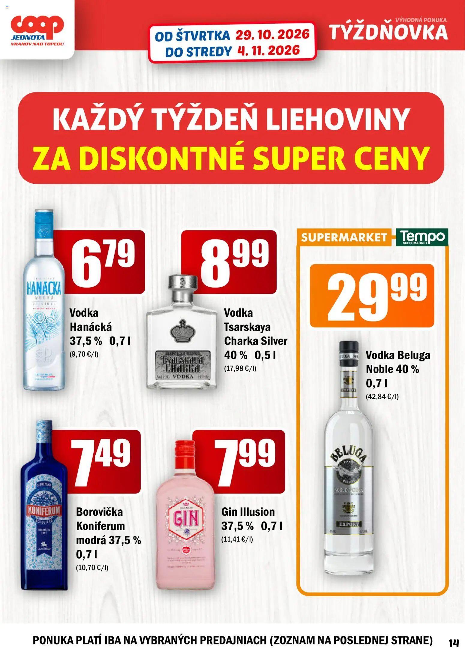 Náhľad COOP Jednota letáku platného od 29.10.2026 - Vodka, Borovička, Gin, Koniferum