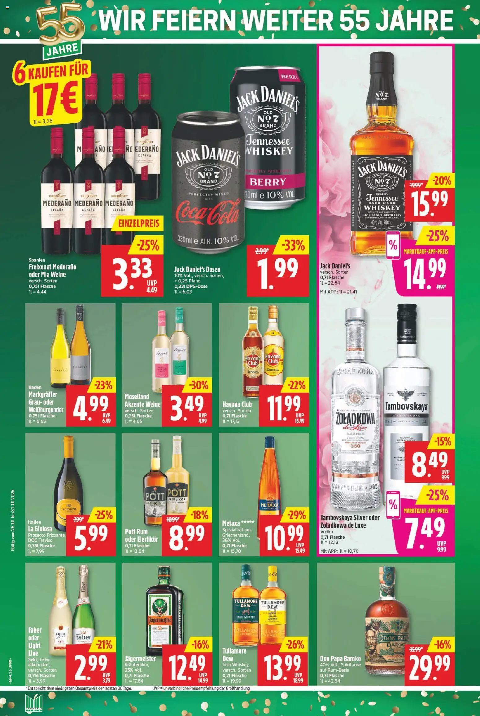Vorschau von dem Prospekt des Geschäftes Marktkauf, gültig ab dem 26.10.2026 - Jägermeister, Havana club, Prosecco, Vodka, Whiskey, Metaxa, Jack Daniel's, Freixenet mederano