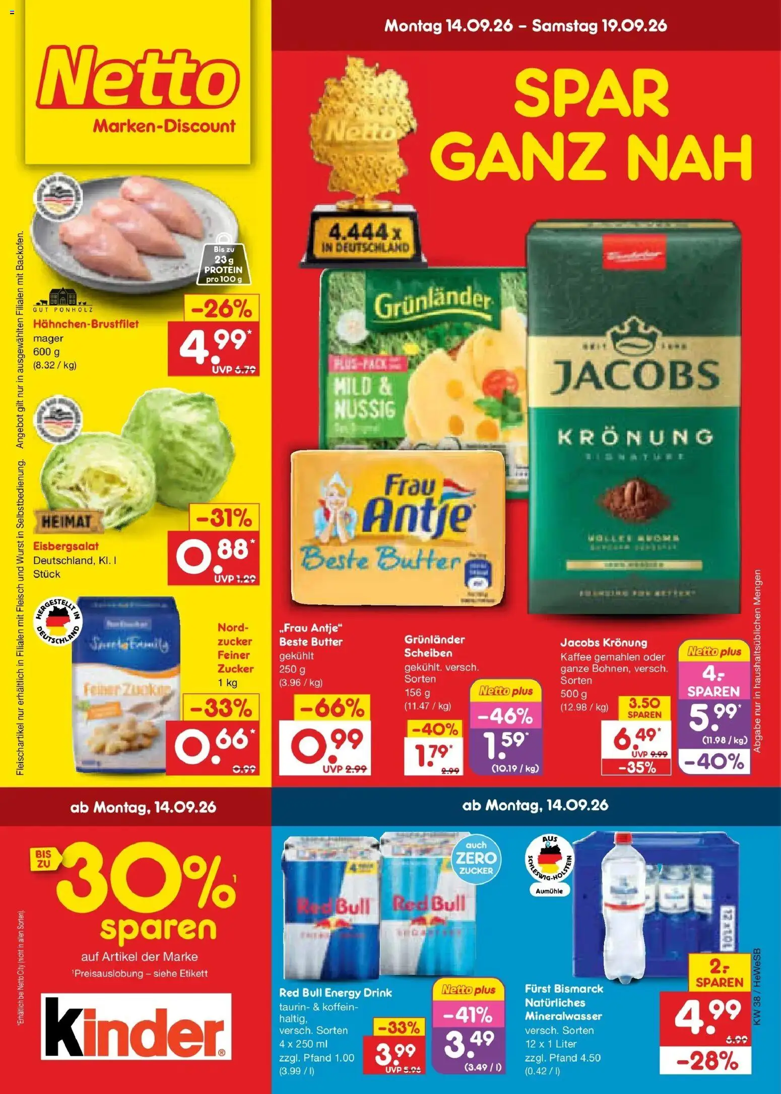 Vorschau von dem Prospekt des Geschäftes Netto Marken-Discount, gültig ab dem 14.09.2026 - Kaffee, Red bull, Mineralwasser, Fleisch, Zucker, Energy, Eisbergsalat, Grunlander