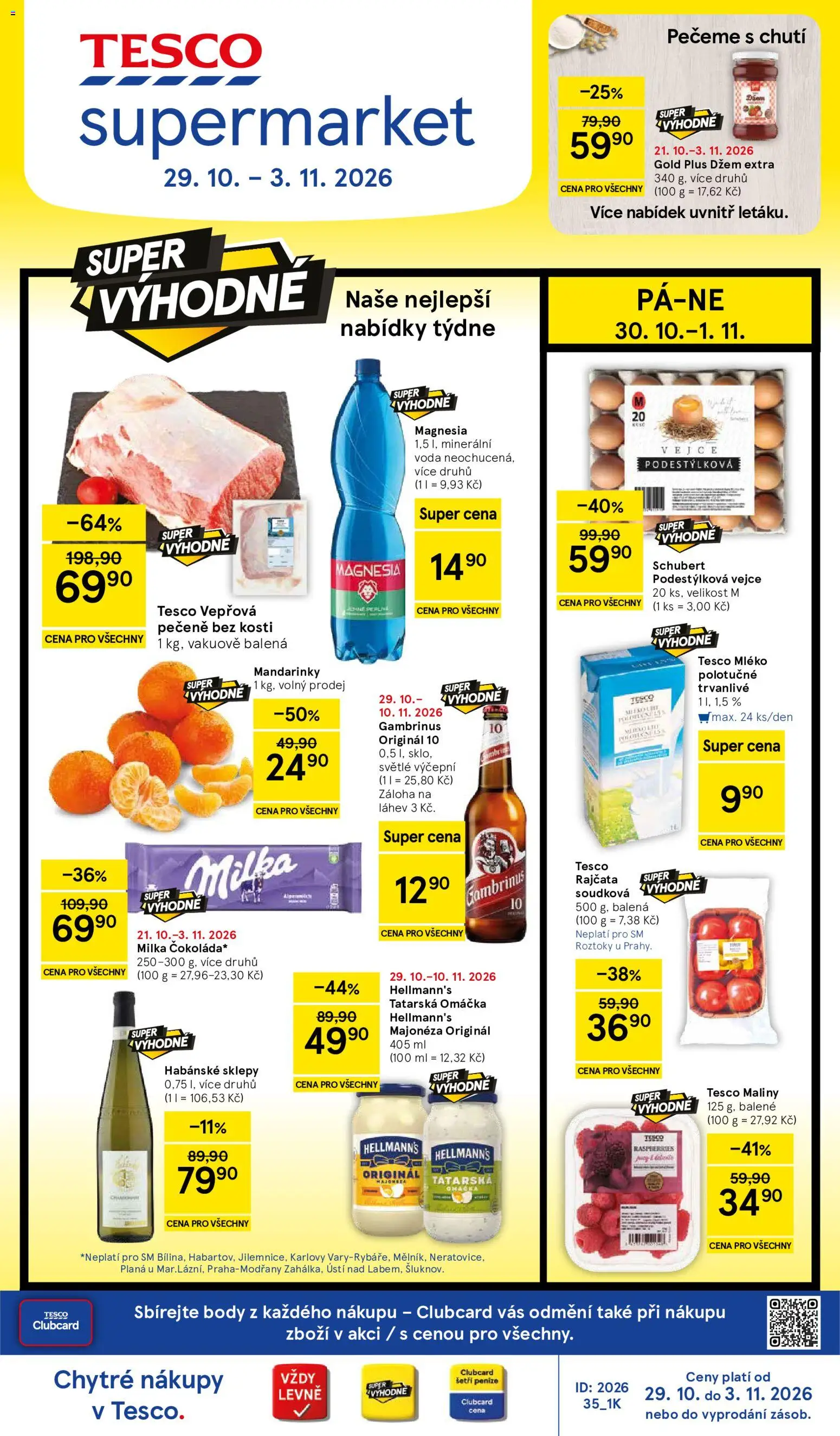 Náhled nabídky: Tesco Tesco leták - Supermarket platný od 29.10.2026 - Voda, Body, Magnesia, Tatarská omáčka, Džem, Minerální voda, Hellmann's, Mléko polotučné