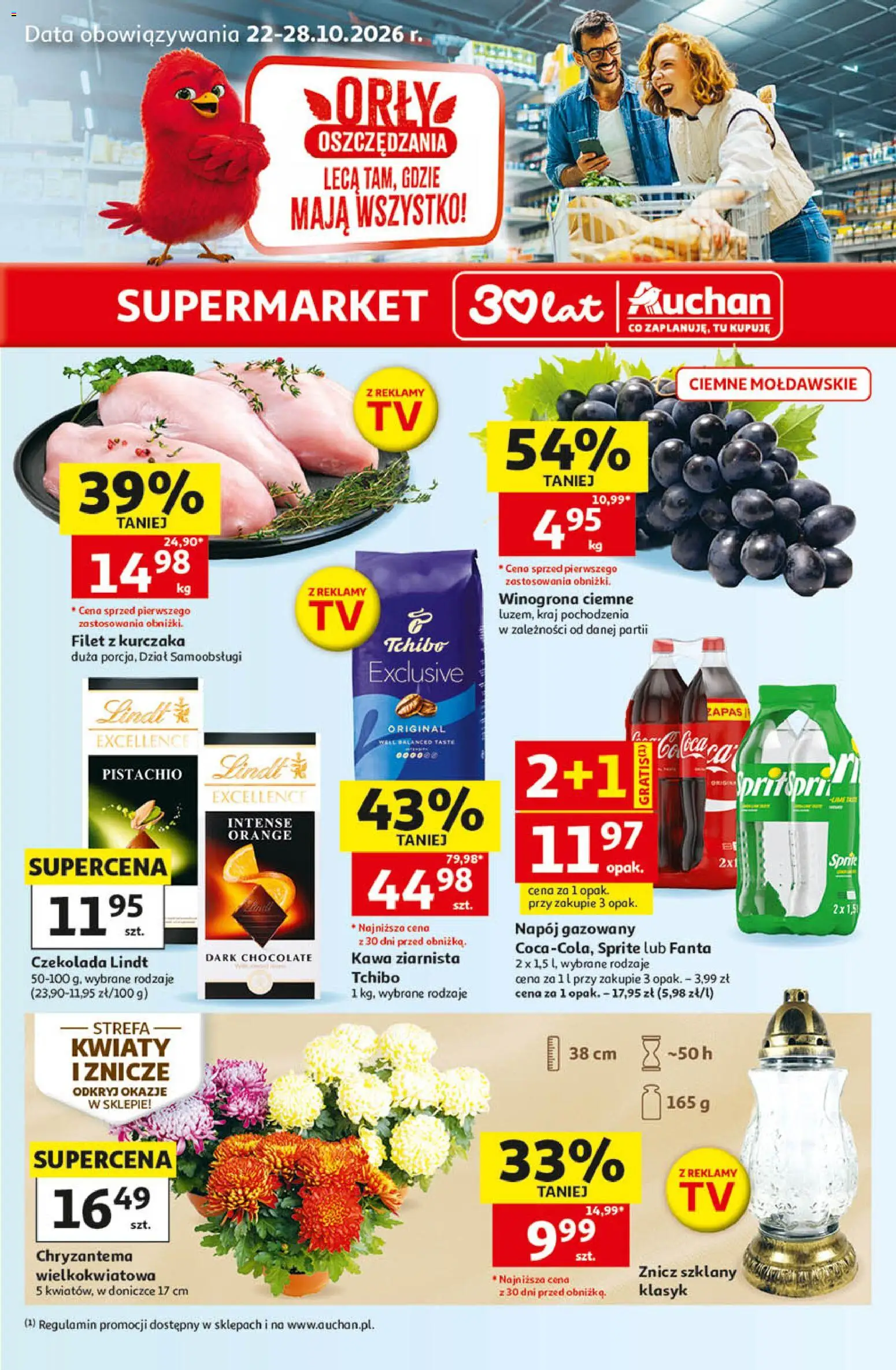 Pogląd gazetki "Auchan gazetka" ze sklepu Auchan ważnej od 22.10.2026 - Tchibo, Kawa, Kwiaty, Lindt, Filet z kurczaka, Sprite, Fanta, Filet