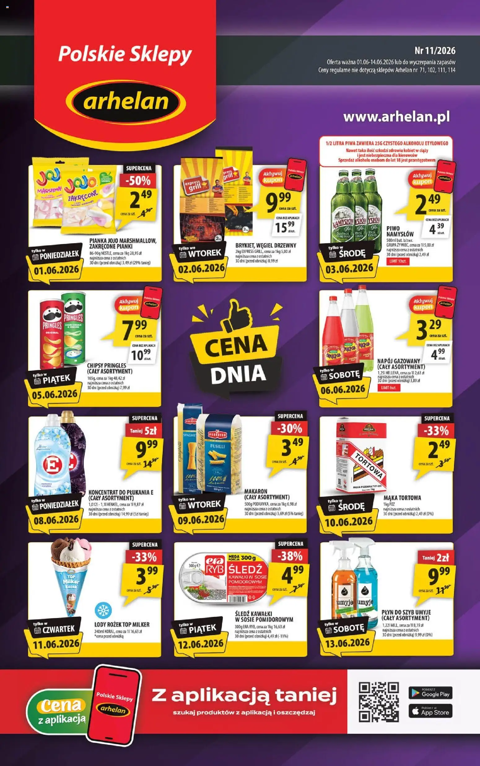 Pogląd gazetki "Arhelan gazetka" ze sklepu Arhelan ważnej od 01.06.2026 - Makaron, Grill, Mąka, Pringles, Śledź, Pianki, Płyn do szyb, Chipsy pringles
