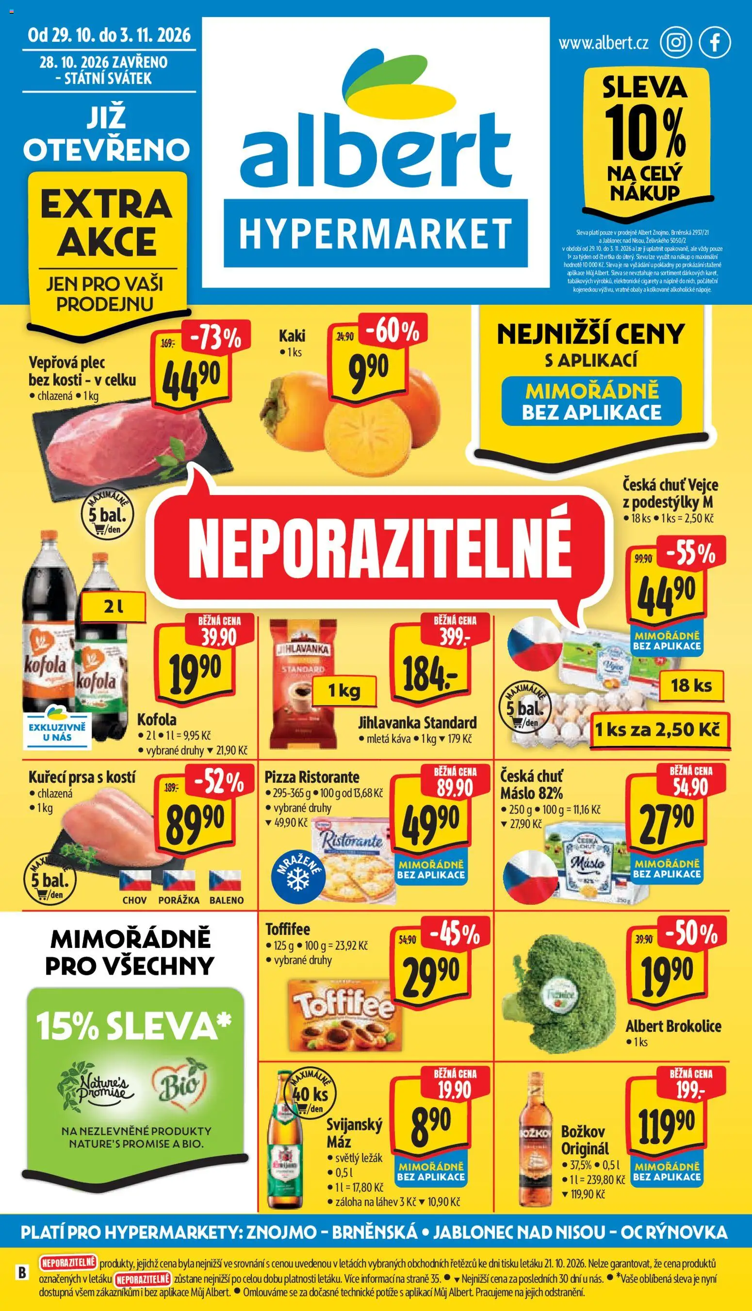Náhled nabídky: Albert Albert leták - Hypermarket Jablonec nad Tisou platný od 28.10.2026 - Káva, Toffifee, Božkov, Láhev, Mletá káva, Svijanský Máz, Božkov originál, Plec bez kosti