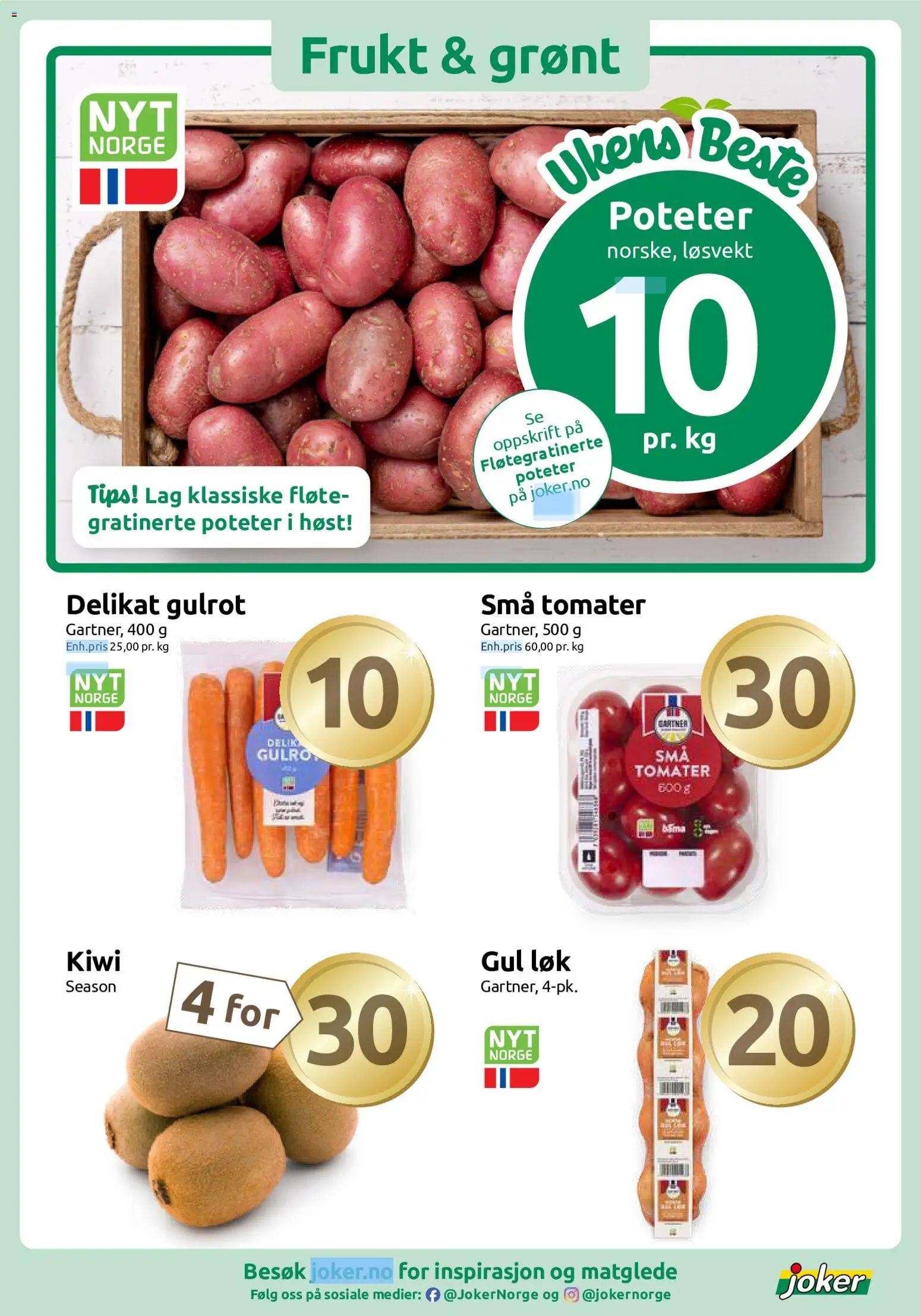 Forhåndsvis Joker kundeavis fra butikk Joker gyldig fra 12/10/2026 - Frukt, Tomater, Kiwi, Gulrot, Løk, Poteter, Fløte