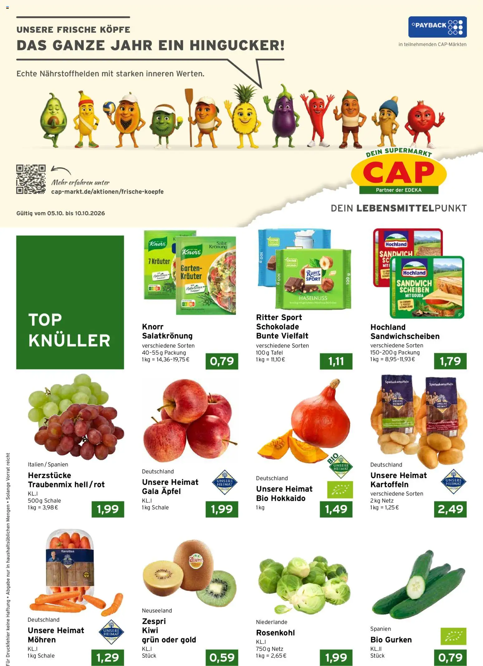 Vorschau von dem Prospekt des Geschäftes CAP Markt, gültig ab dem 05.10.2026 - Äpfel, Salat, Ritter sport, Gurken, Kartoffeln, Gouda, Knorr, Mohren