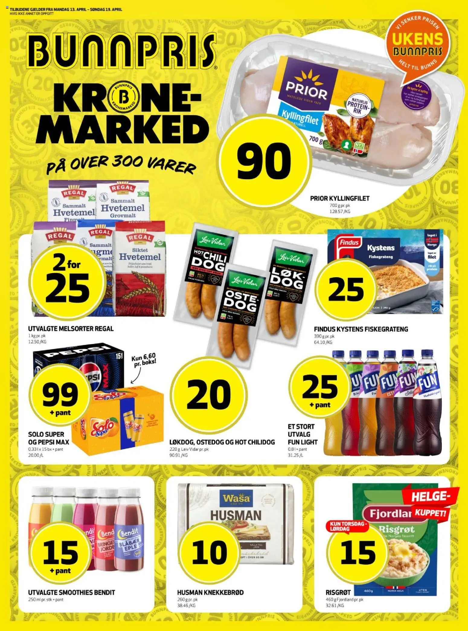 Forhåndsvis Bunnpris kundeavis fra butikk Bunnpris gyldig fra 13/04/2026 - Fjordland, Melk, Knekkebrød, Solo Super, Fiskegrateng, 1, Pepsi, Boks
