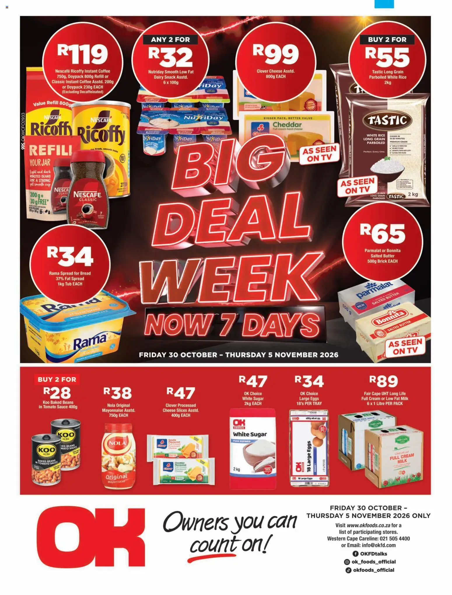 Preview of OK Foods flyer valid from 30/10/2026 - Bread, Sugar, Rice, Tomato sauce, Tray, Spread, Instant coffee, Hard cheese