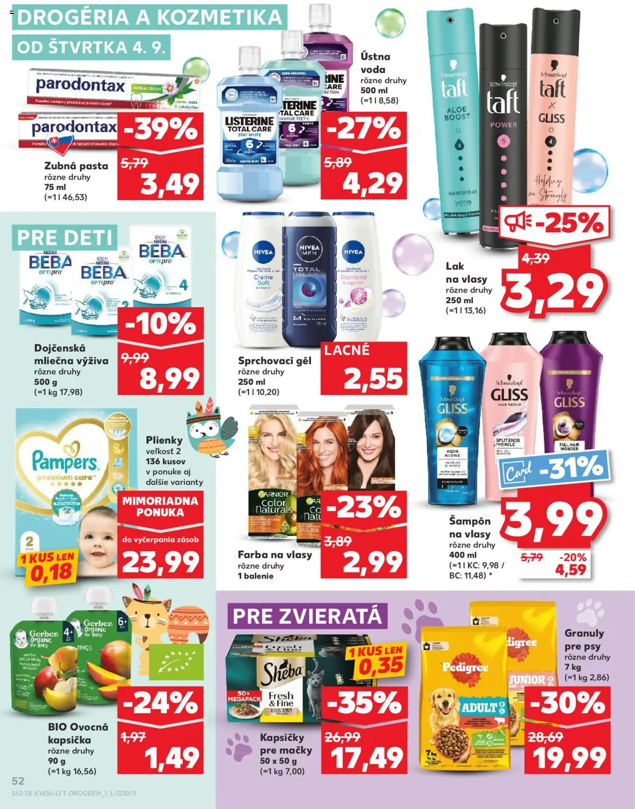 Náhľad Kaufland letáku platného od 04.09.2025 - Voda, Farba na vlasy, Plienky, Beba, Listerine, Šampón, Lak na vlasy, Ústna voda