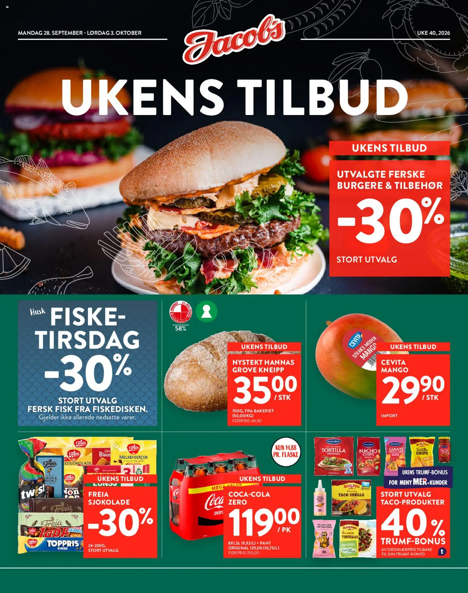 Forhåndsvis Jacobs kundeavis fra butikk Jacobs gyldig fra 28/09/2026 - Husk, Sjokolade, Chips, Fisk, Mango, Tortilla, Taco