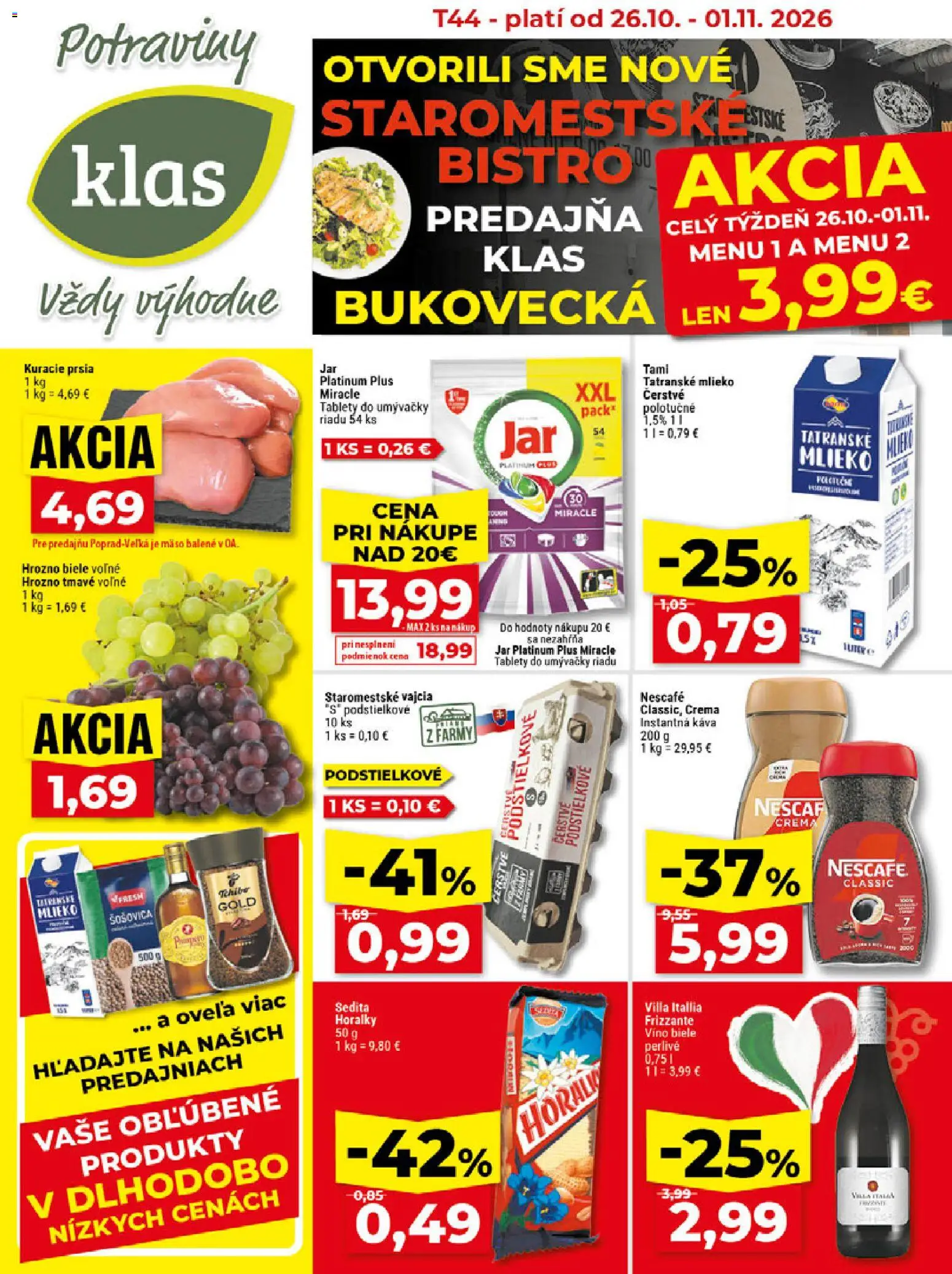 Náhľad Klas letáku platného od 26.10.2026 - Káva, Víno, Kuracie prsia, Hrozno, Tablety do umývačky, Tablety do umývačky riadu, Nescafé Classic, Horálky