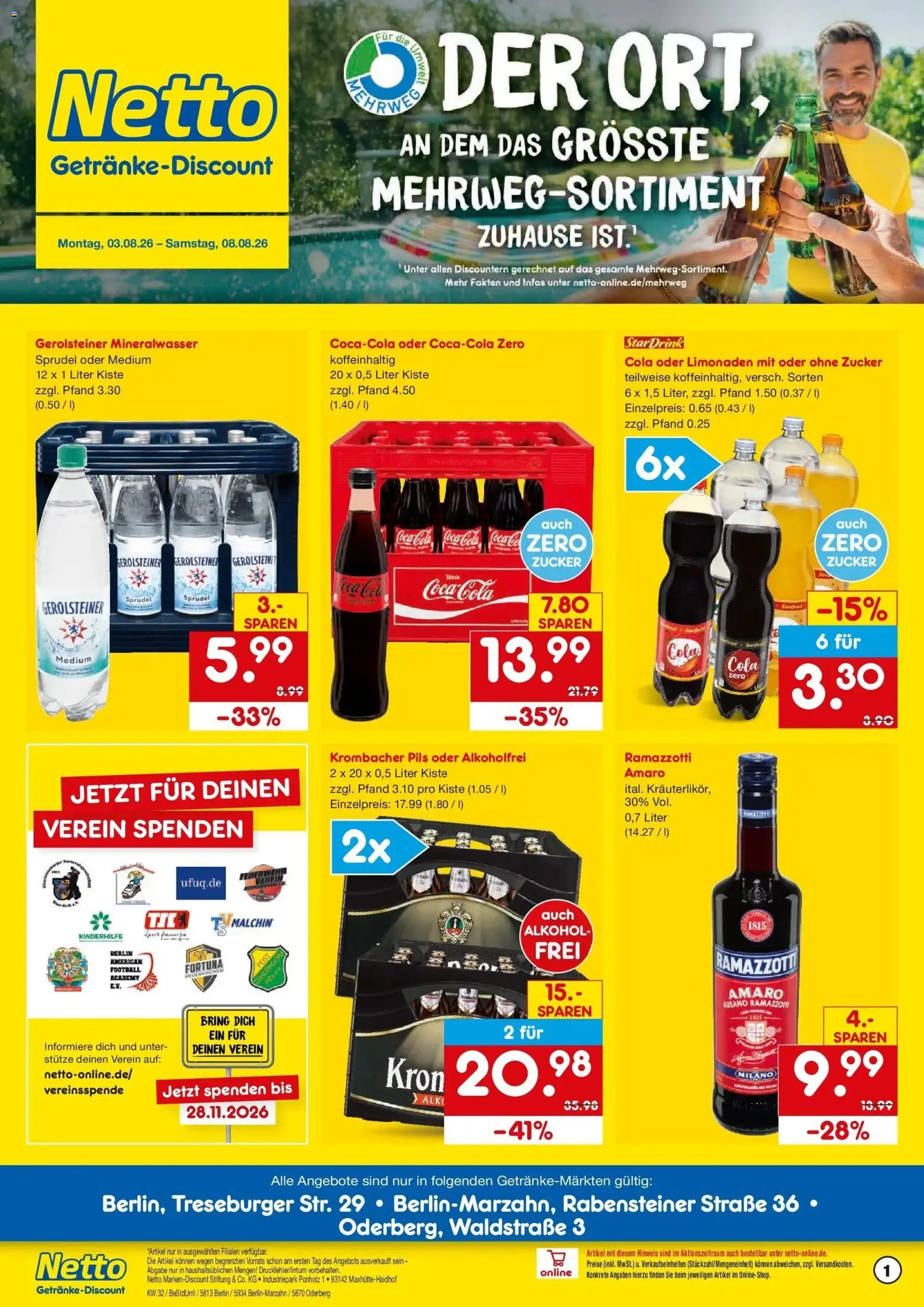 Vorschau von dem Prospekt des Geschäftes Netto Marken-Discount, gültig ab dem 03.08.2026 - Coca cola, Cola, Mineralwasser, Football, Alkohol, Krombacher, Ramazzotti, Pils