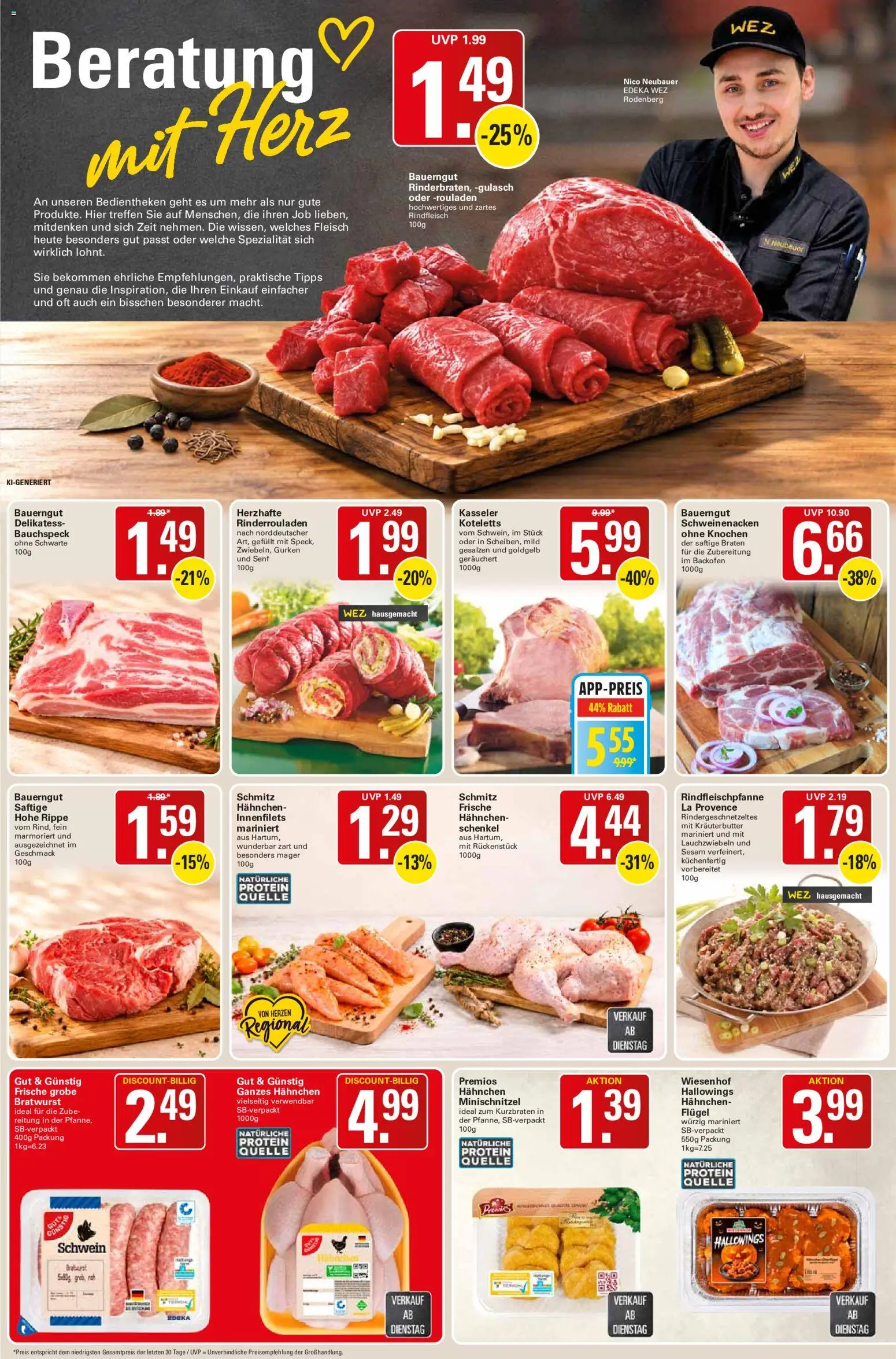 Vorschau von dem Prospekt des Geschäftes WEZ, gültig ab dem 26.10.2026 - Bratwurst, Backofen, Rinderrouladen, Fleisch, Rindfleisch, Kräuterbutter, Schweinenacken, Hahnchen
