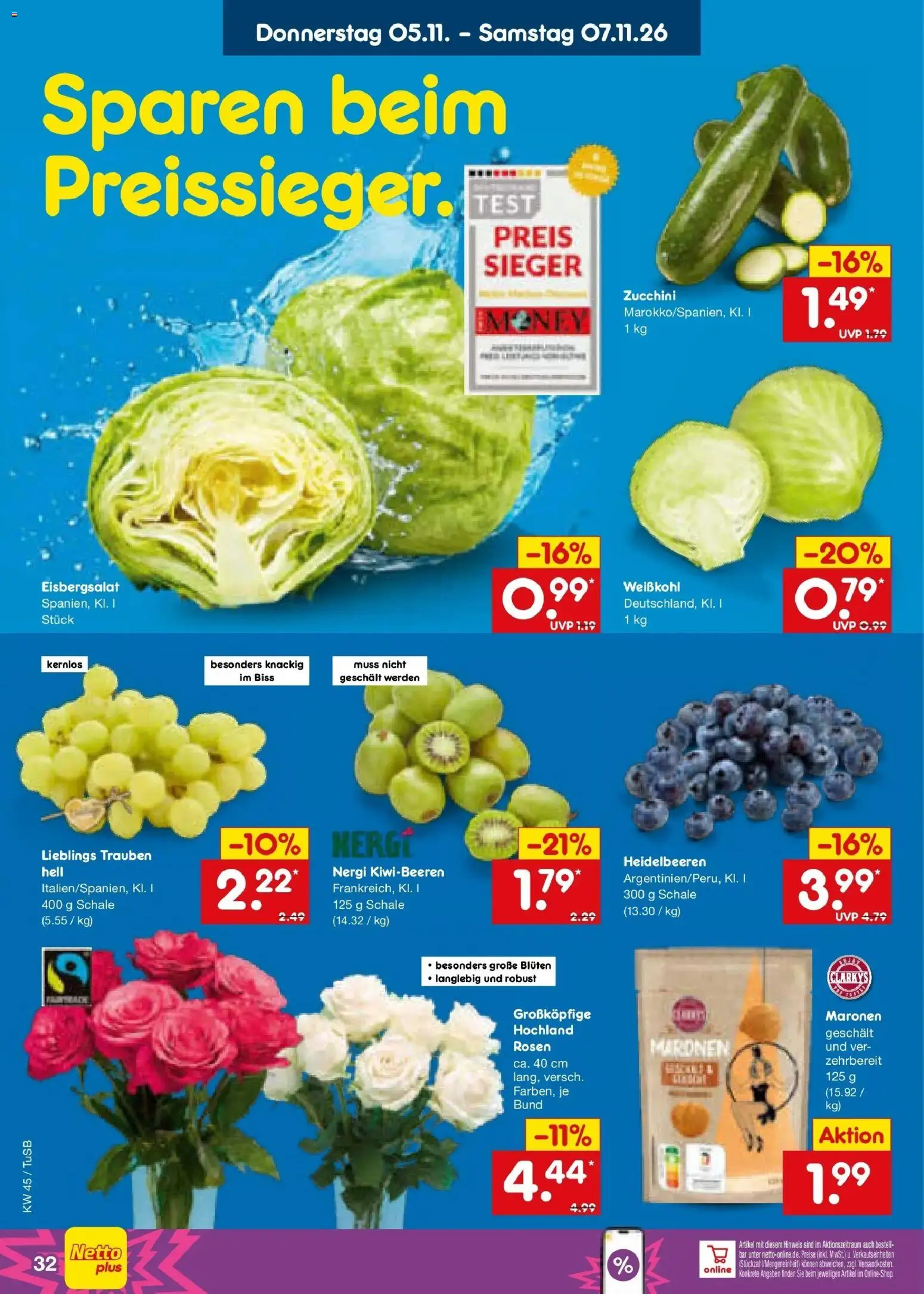 Vorschau von dem Prospekt des Geschäftes Netto Marken-Discount, gültig ab dem 02.11.2026 - Zucchini, Heidelbeeren, Trauben, Eisbergsalat