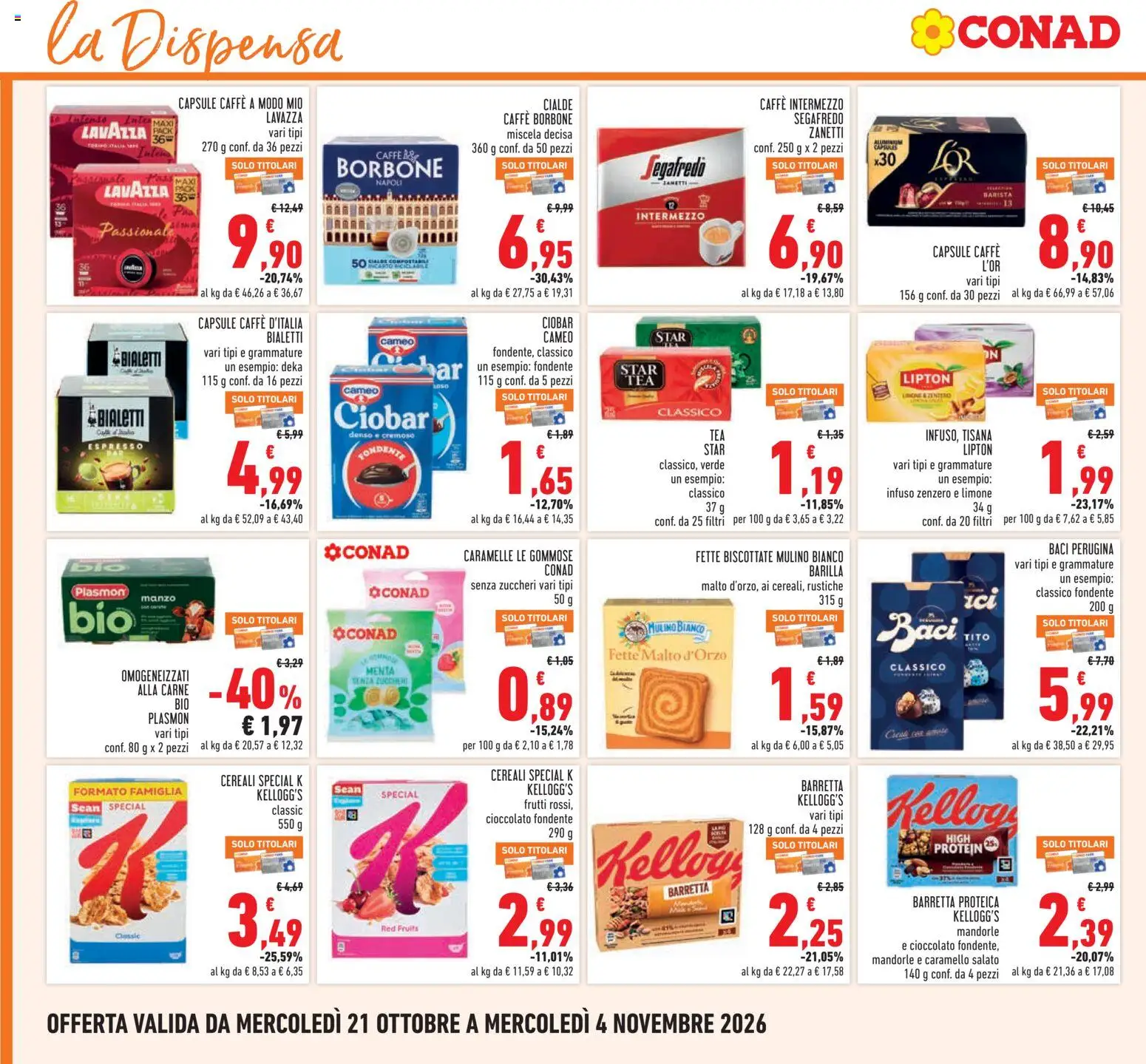 Anteprima dell'opuscolo Conad volantino dal negozio Conad valido da 21/10/2026 - Zenzero, Lavazza, Cereali, Manzo, Mandorle, Cialde, Fette biscottate, Segafredo