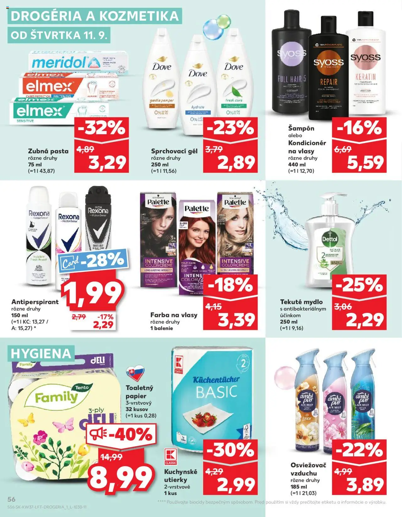Náhľad Kaufland letáku platného od 11.09.2025 - Farba na vlasy, Antiperspirant, Kuchynské utierky, Mydlo, Lenor, Dettol, Zubná pasta, Kondicionér