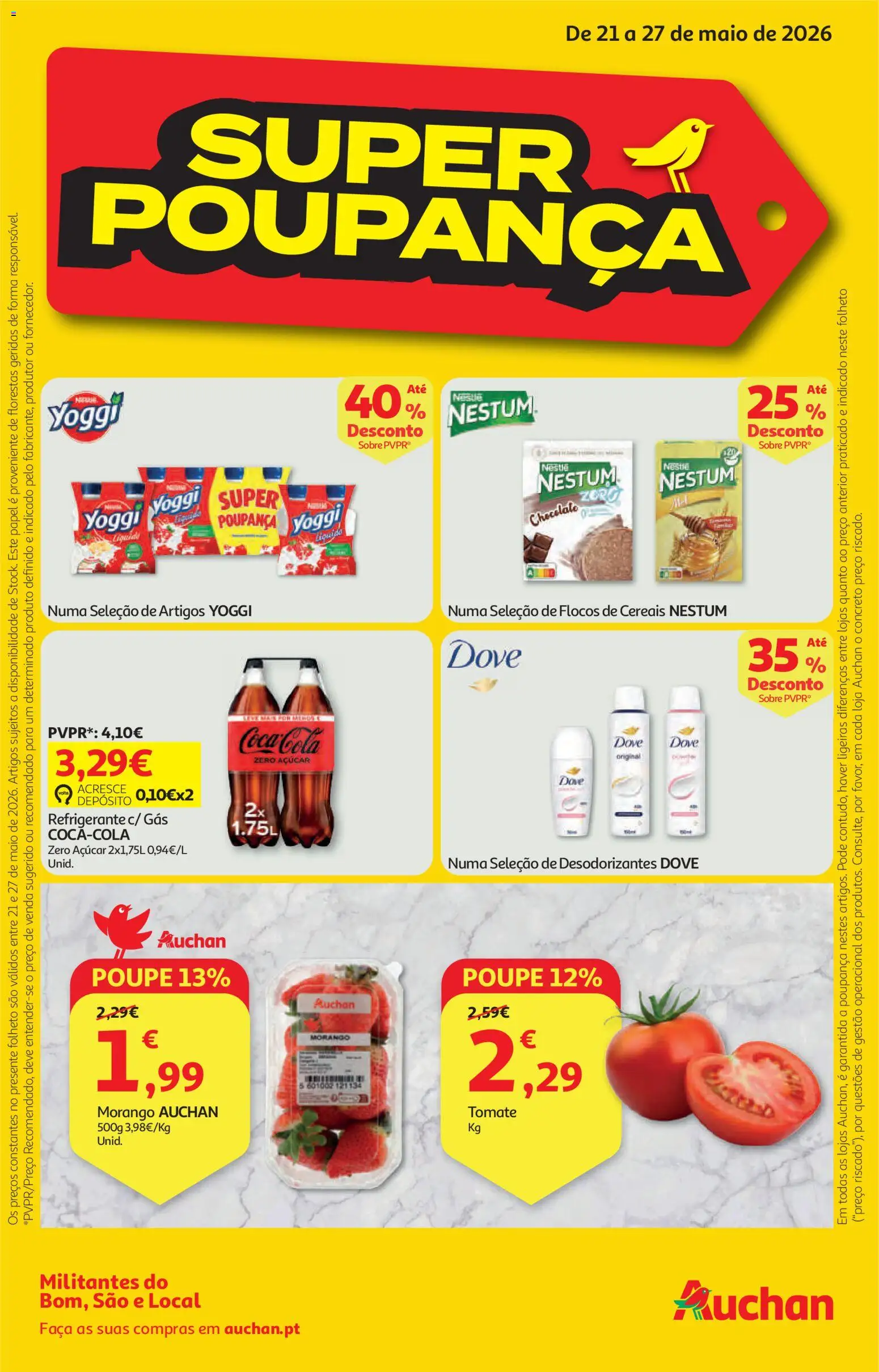 Pré-visualização do folheto da loja Auchan válida a partir de 21/05/2026 - Chocolate, Nestlé, Tomate, Açúcar, Cereais, Refrigerante, Flocos, Faca