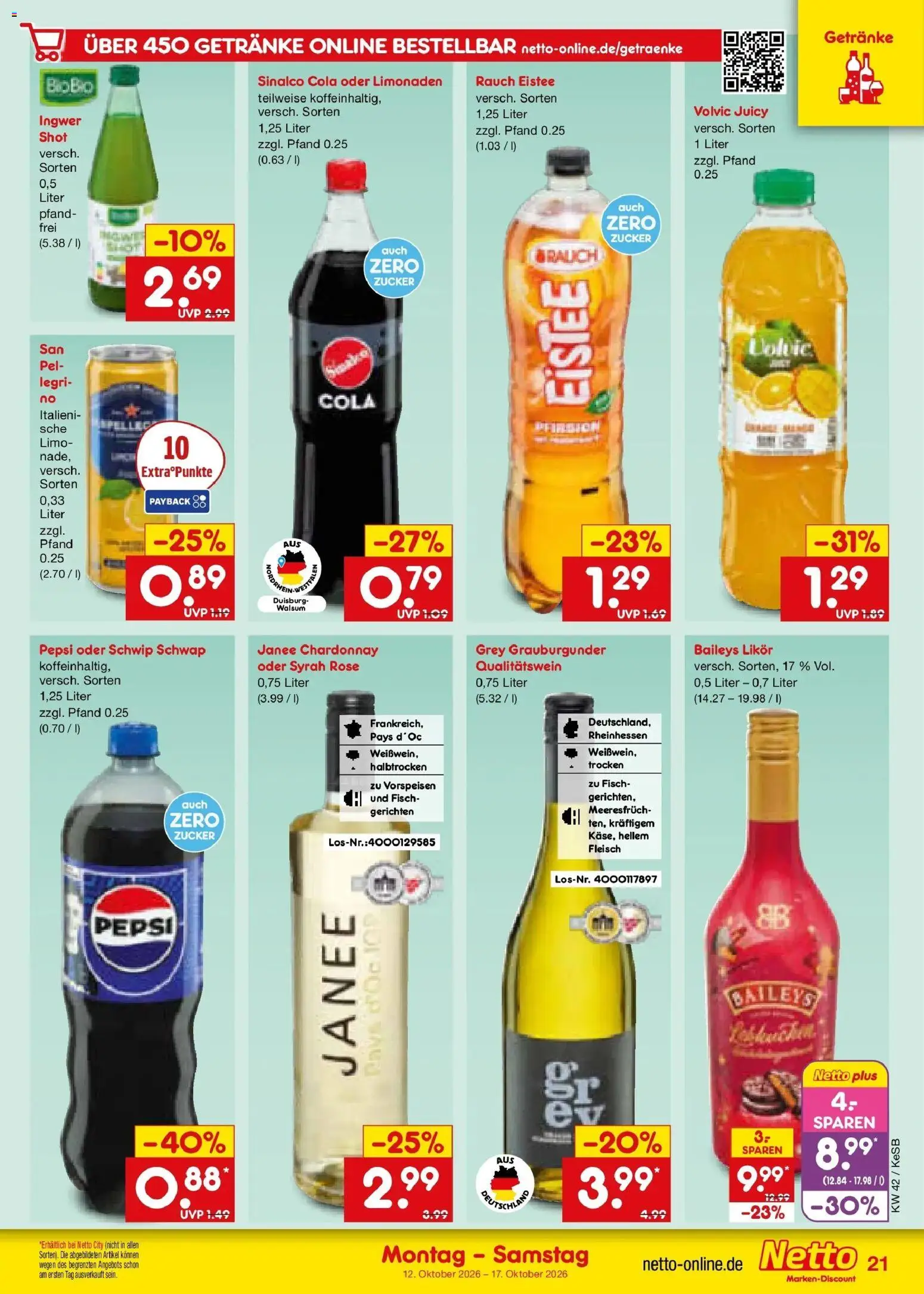 Vorschau von dem Prospekt des Geschäftes Netto Marken-Discount, gültig ab dem 12.10.2026 - Cola, Baileys, Fleisch, Pfirsich, Volvic, Likör, Sinalco, Schwip schwap