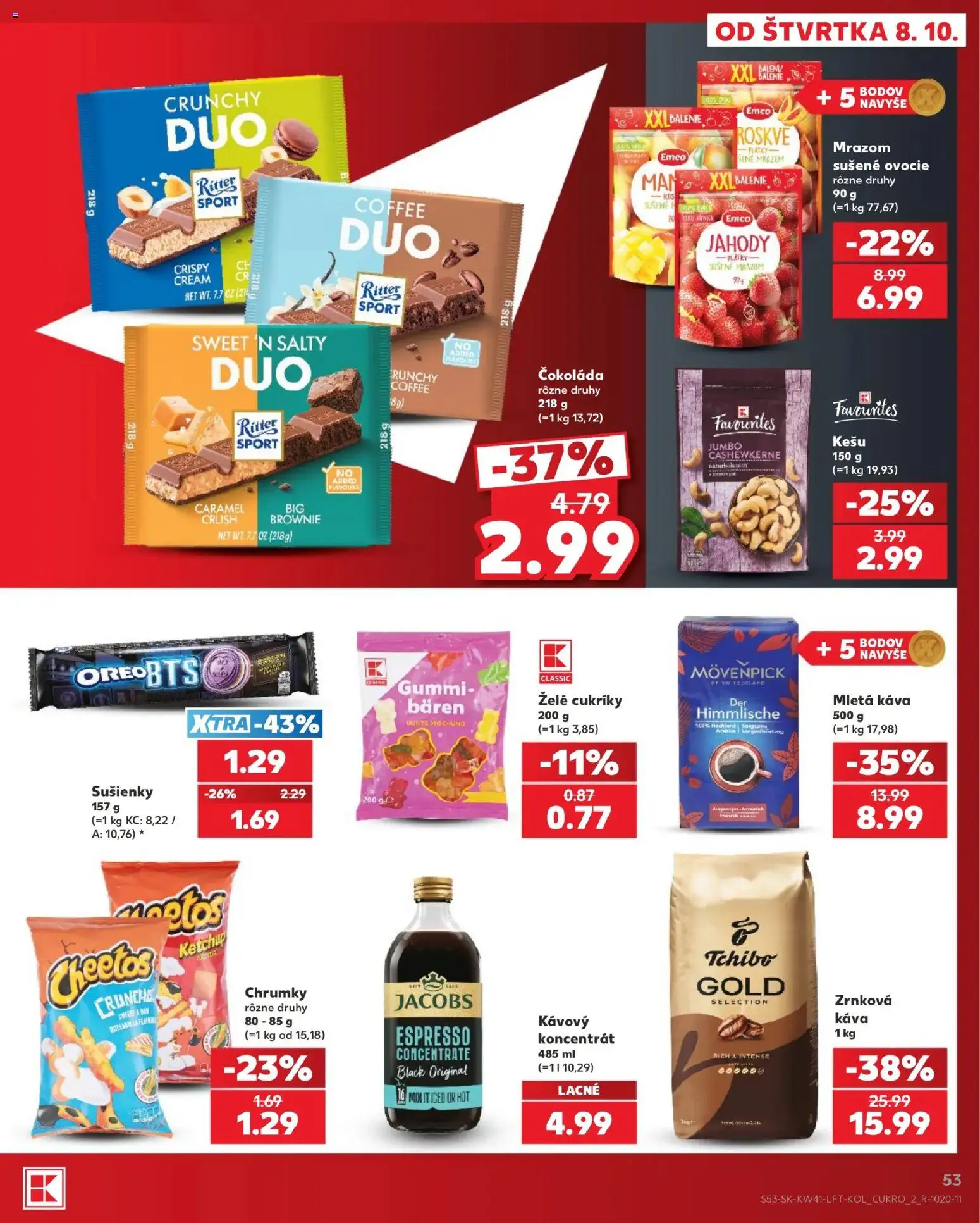 Náhľad Kaufland letáku platného od 08.10.2026 - Káva, Čokoláda, Ovocie, Jahody, Kešu, Cukríky, Sušienky, Mletá káva