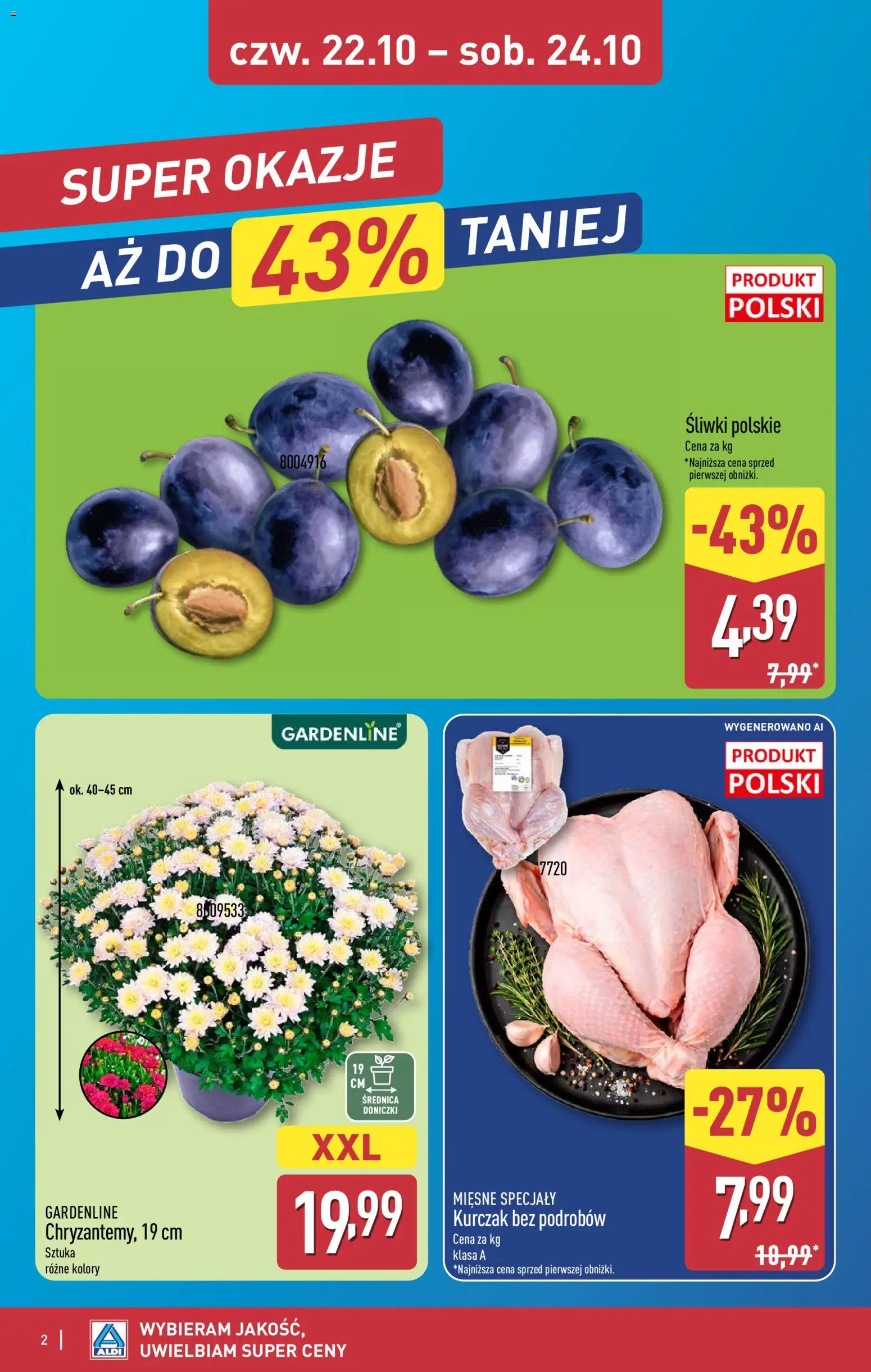 Pogląd gazetki "Aldi gazetka - Oferta weekendowa" ze sklepu Aldi ważnej od 22.10.2026 - Kurczak, Śliwki, Doniczki, Specjały