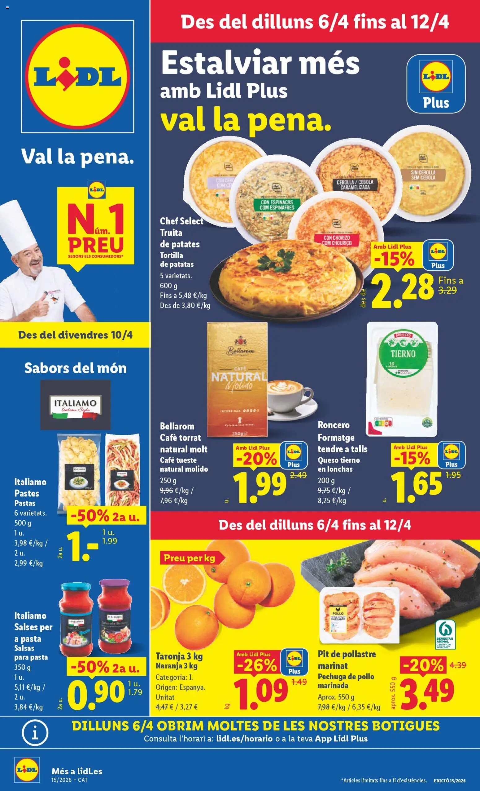 Vista previa del folleto de la tienda Lidl válido desde el 06/04/2026 - Café, Pasta, Queso, Salsas, Patatas, Cebolla, Espinacas, Pollo