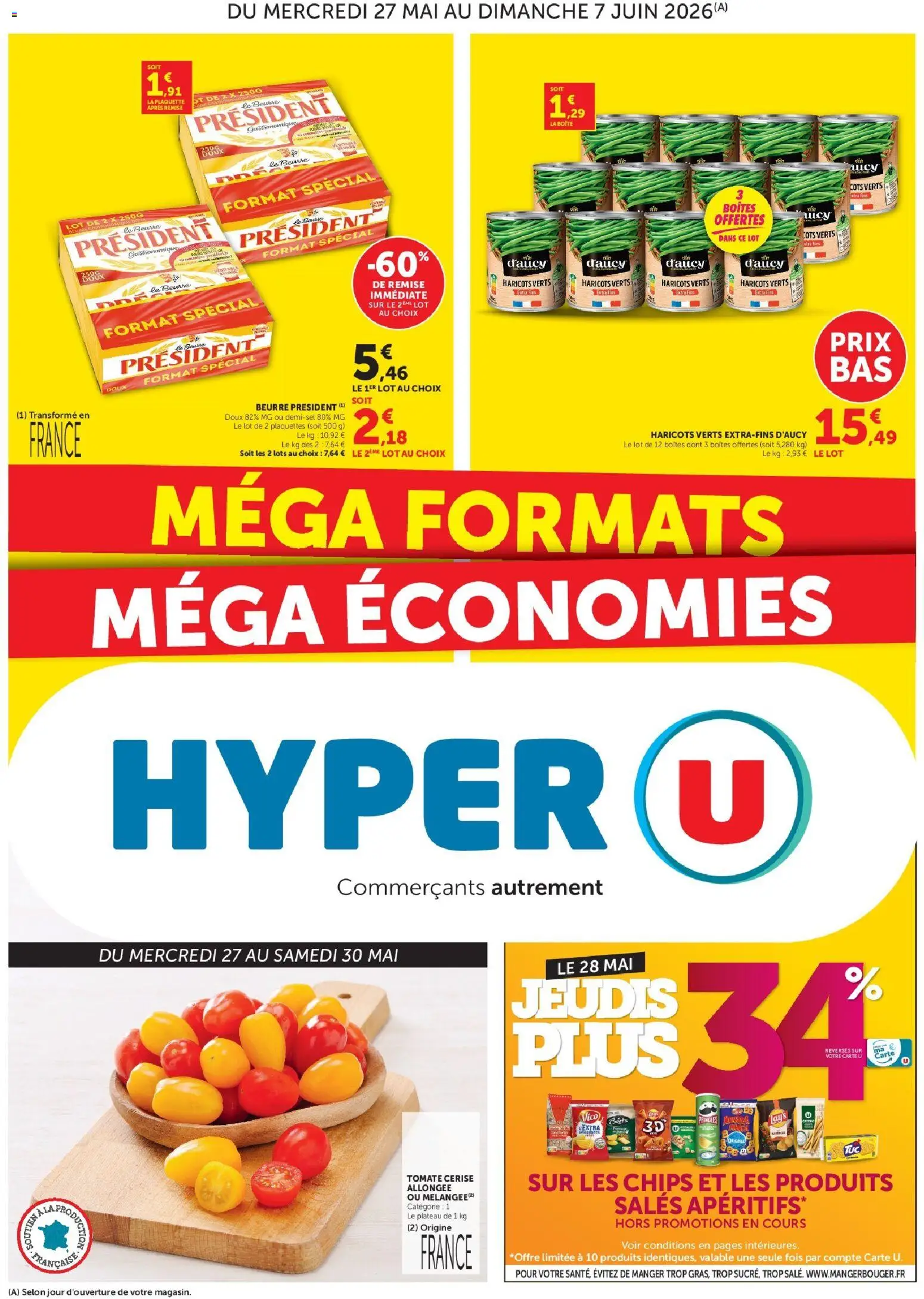 Prévisualisation de Hyper U catalogue du magasin Hyper U formulaire valide 27/05/2026 - Tomate, Beurre, Chips, Pringles, Plateau, Haricots, Tomate cerise, Haricots verts