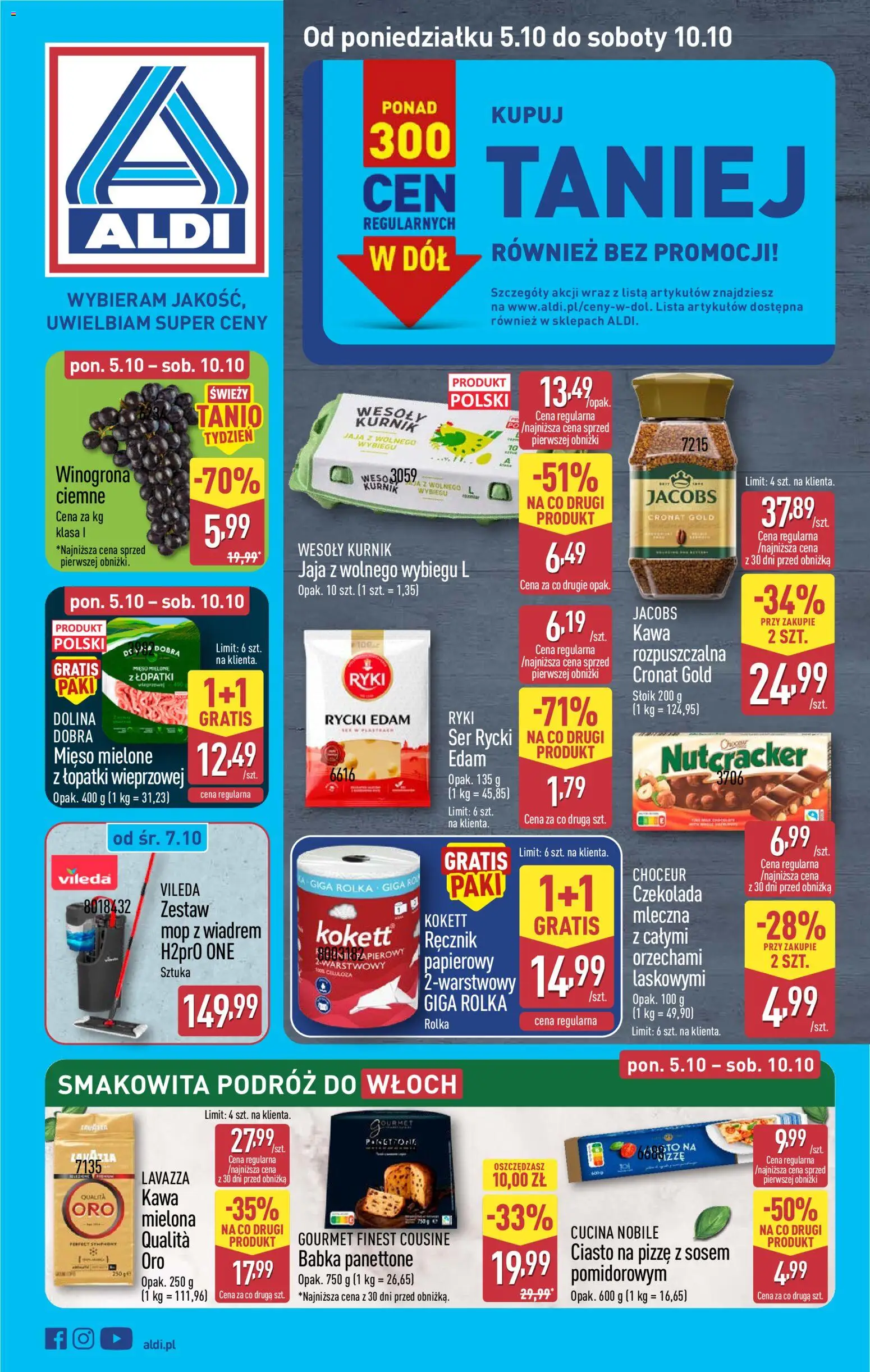 Pogląd gazetki "Aldi gazetka" ze sklepu Aldi ważnej od 05.10.2026 - Kawa, Mop, Ciasto, Jacobs, Babka, Ser, Mięso mielone, Winogrona