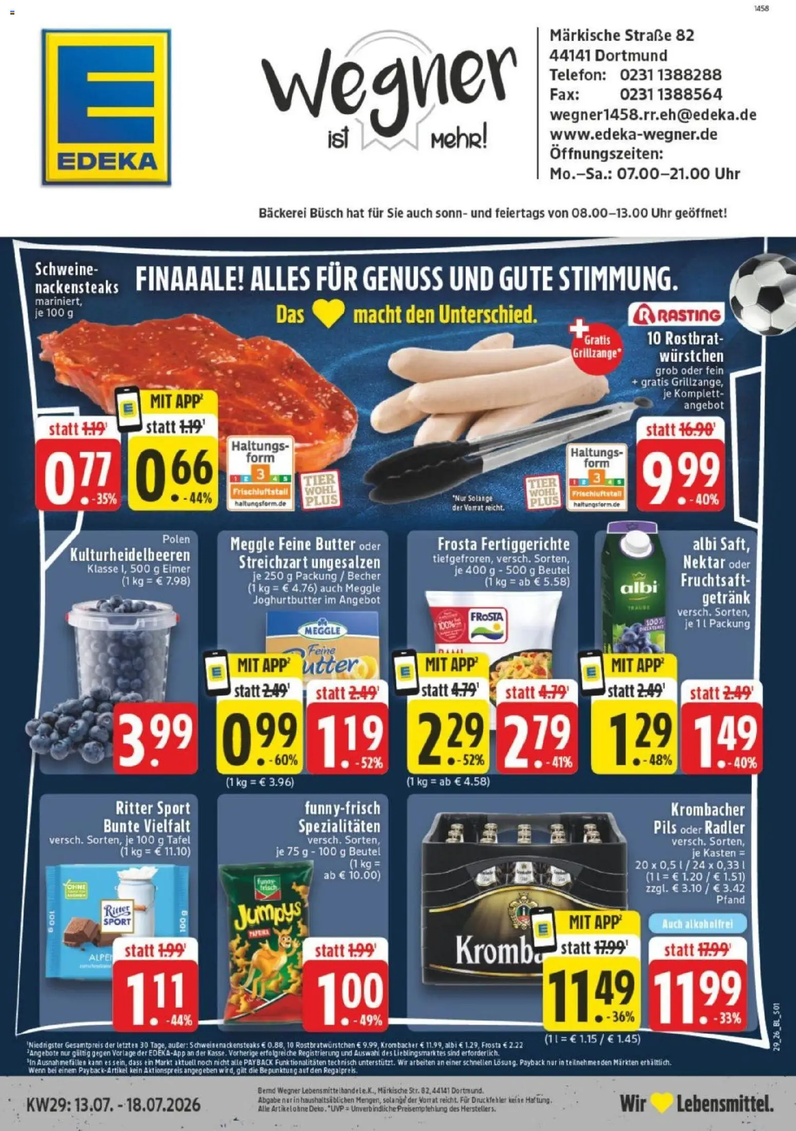Vorschau von dem Prospekt des Geschäftes Edeka, gültig ab dem 13.07.2026 - Bäckerei, Uhr, Telefon, Ritter sport, Frosta, Radler, Fertiggerichte, Fruchtsaft