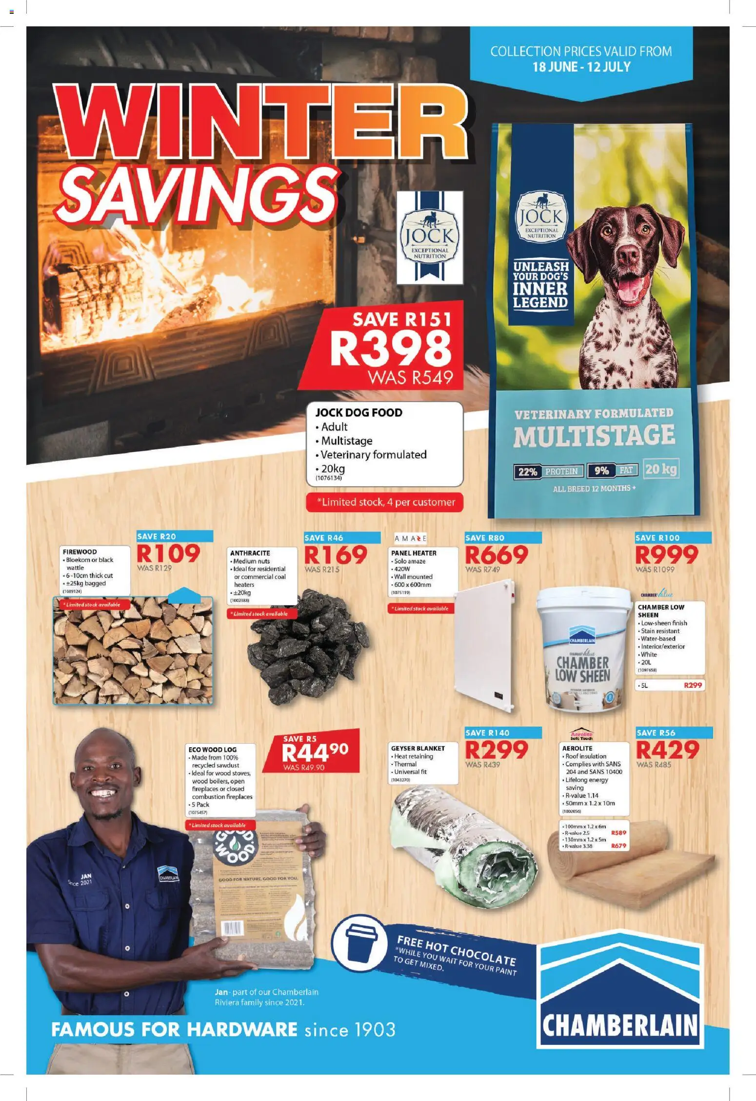 Preview of Chamberlain flyer valid from 18/06/2026 - Chocolate, Paint, Heater, Protein, Blanket, Nuts, Dog food, Stock